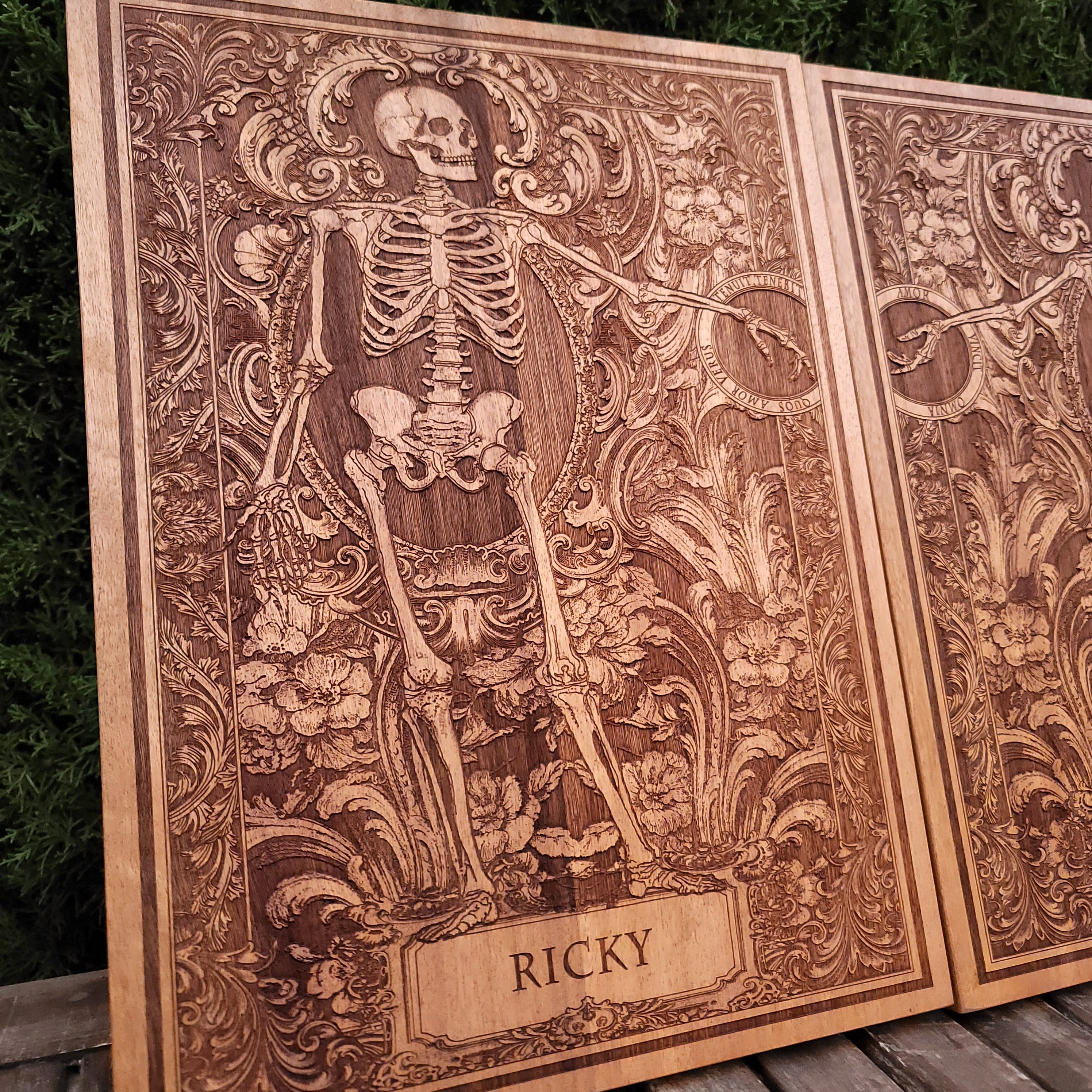 Engraved cedar wood gothic couple artwork, perfect for alternative decor.