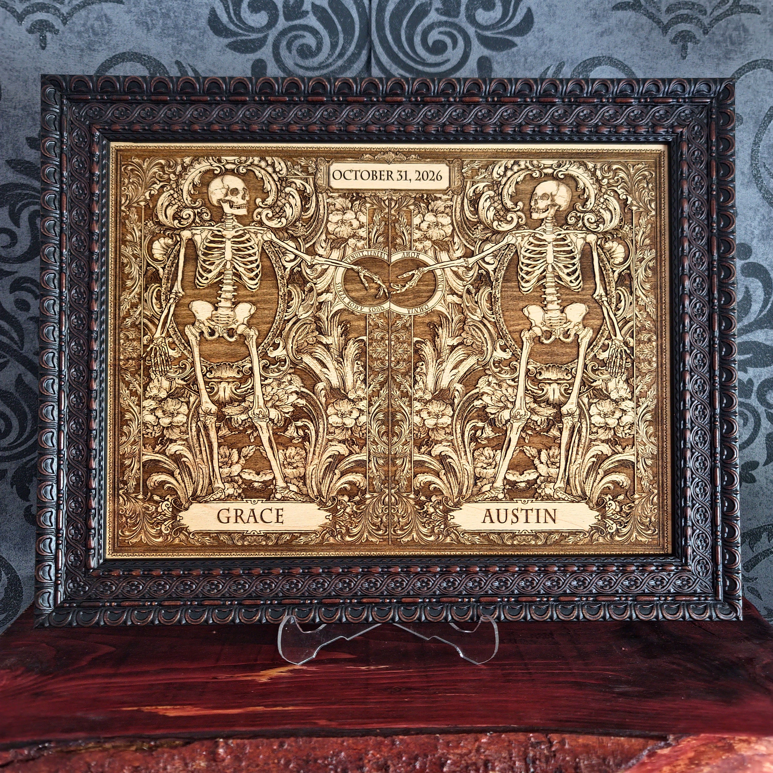 Personalized wooden wall art set featuring a gothic “Till Death Do Us Part” skeleton couple design with custom names engraved on natural wood.
