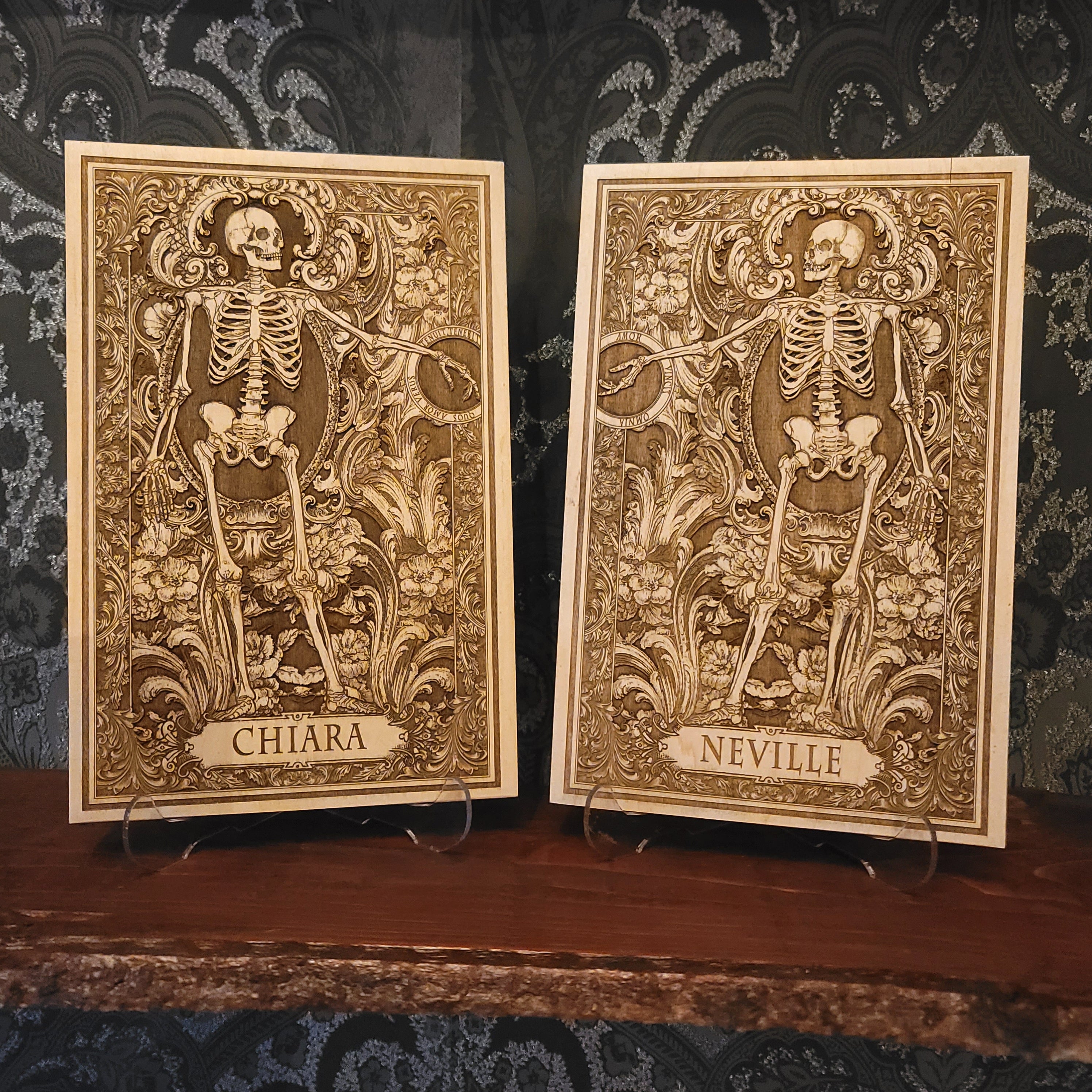 Personalized wooden wall art set featuring a gothic Till Death Do Us Part skeleton couple design with custom engraved names for couples.
