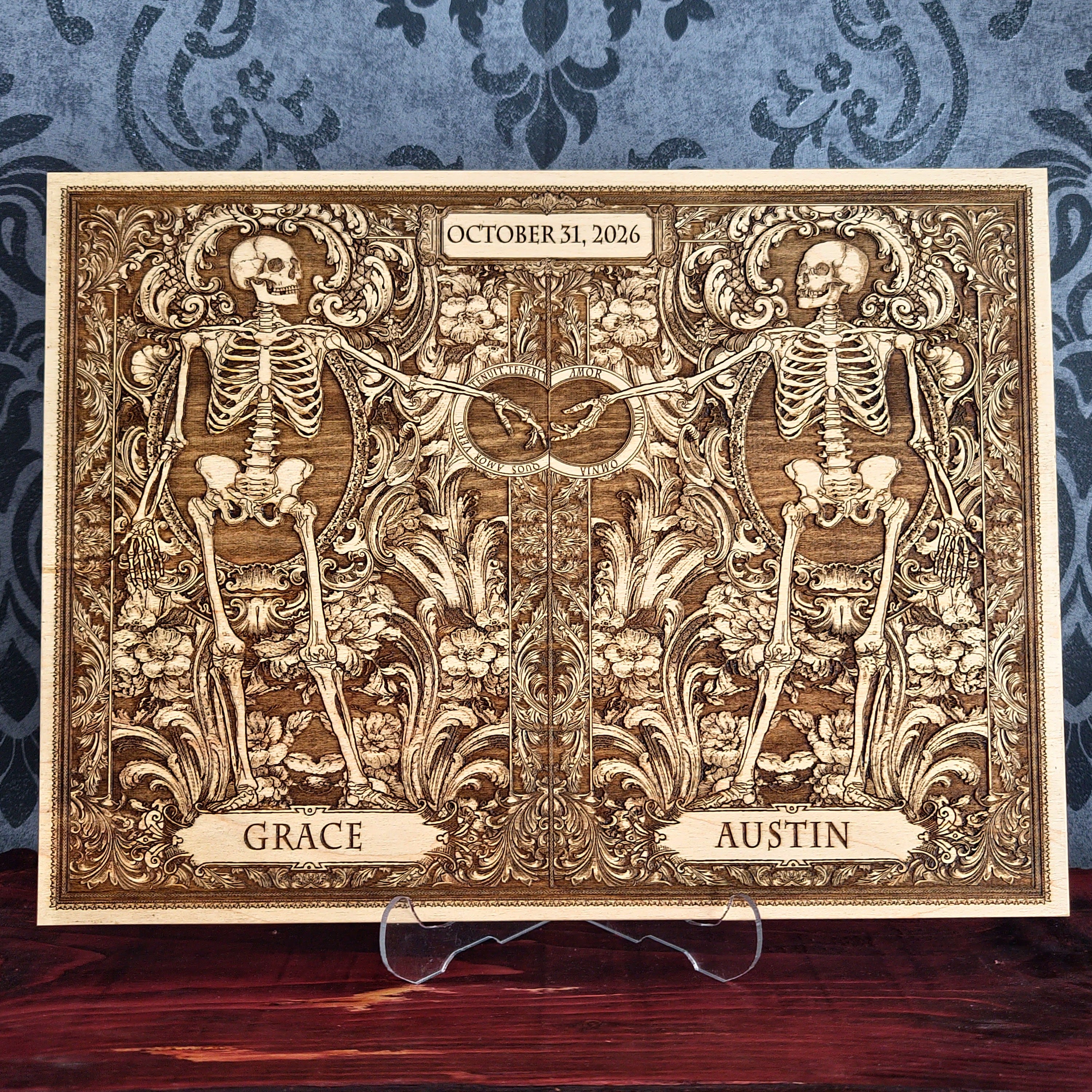 Personalized wooden wall art set featuring a gothic “Till Death Do Us Part” skeleton couple design with custom names engraved on natural wood.