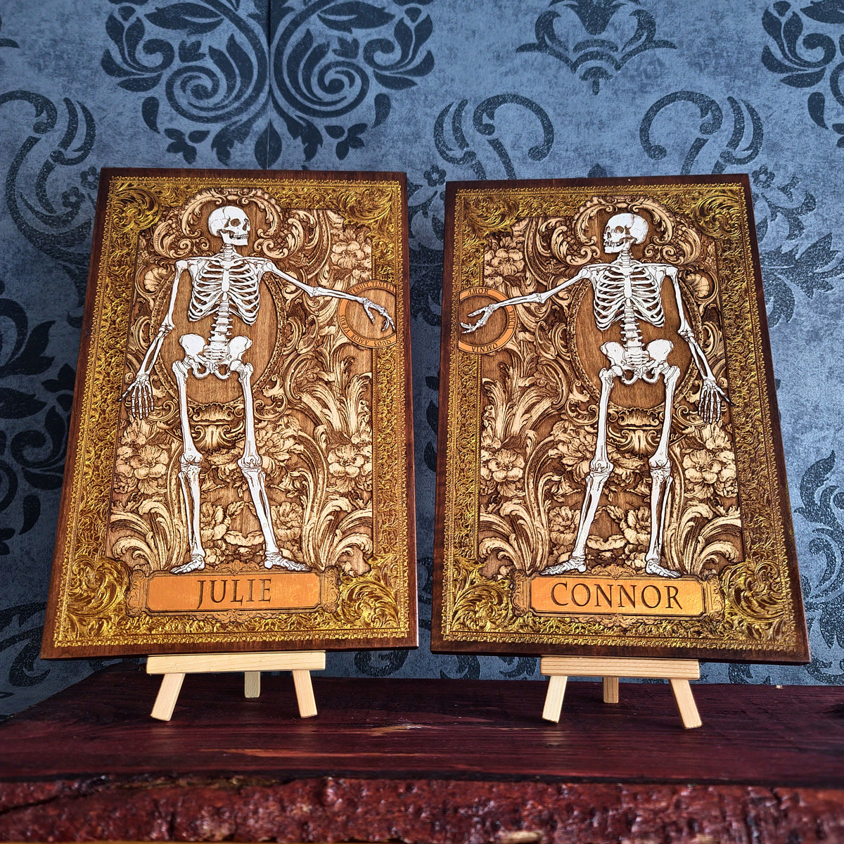 Gothic skeleton couple wooden wall decor personalized with two names and gold details