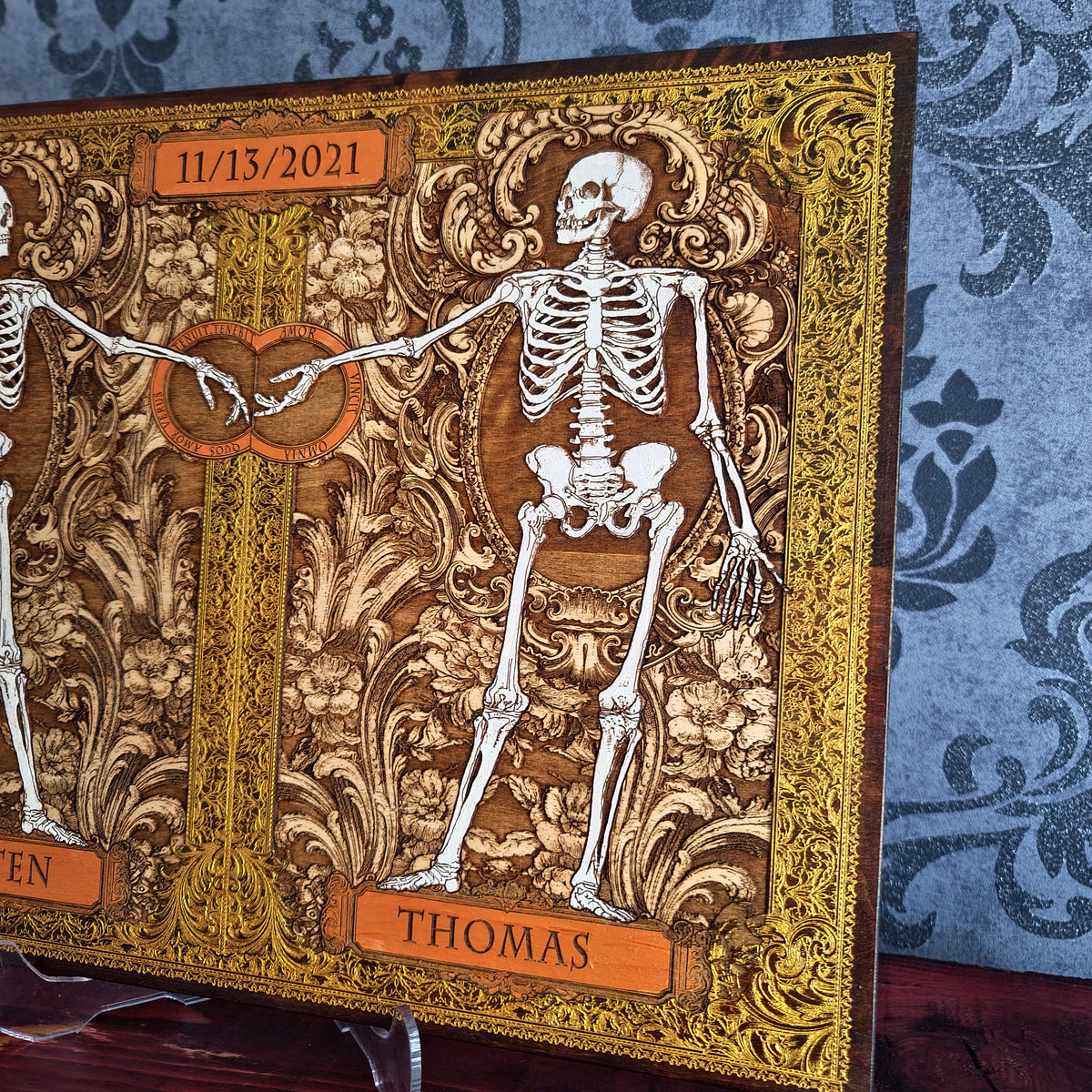 Custom anniversary wood art with skeleton couple names and special date
