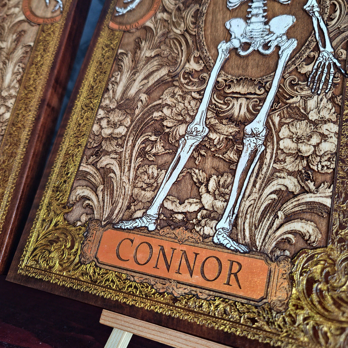 Personalized gothic couple gift with skeleton artwork laser engraved on real wood