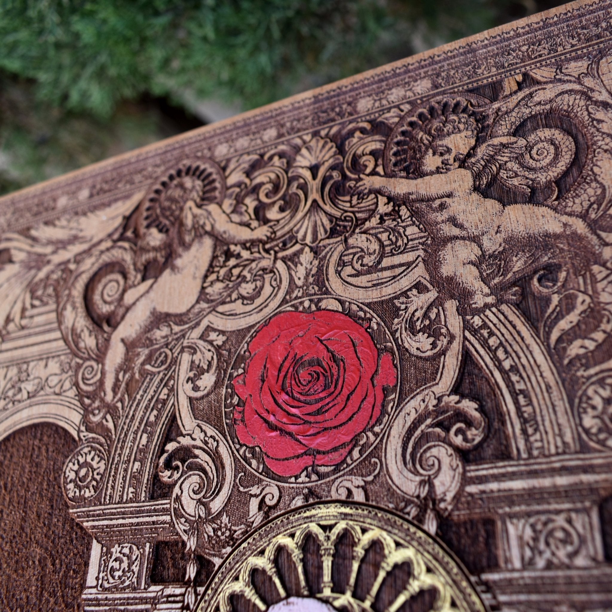 Gothic engraved wood art – gothic art, engraved wood, dark fantasy, skeleton design, artisan crafted