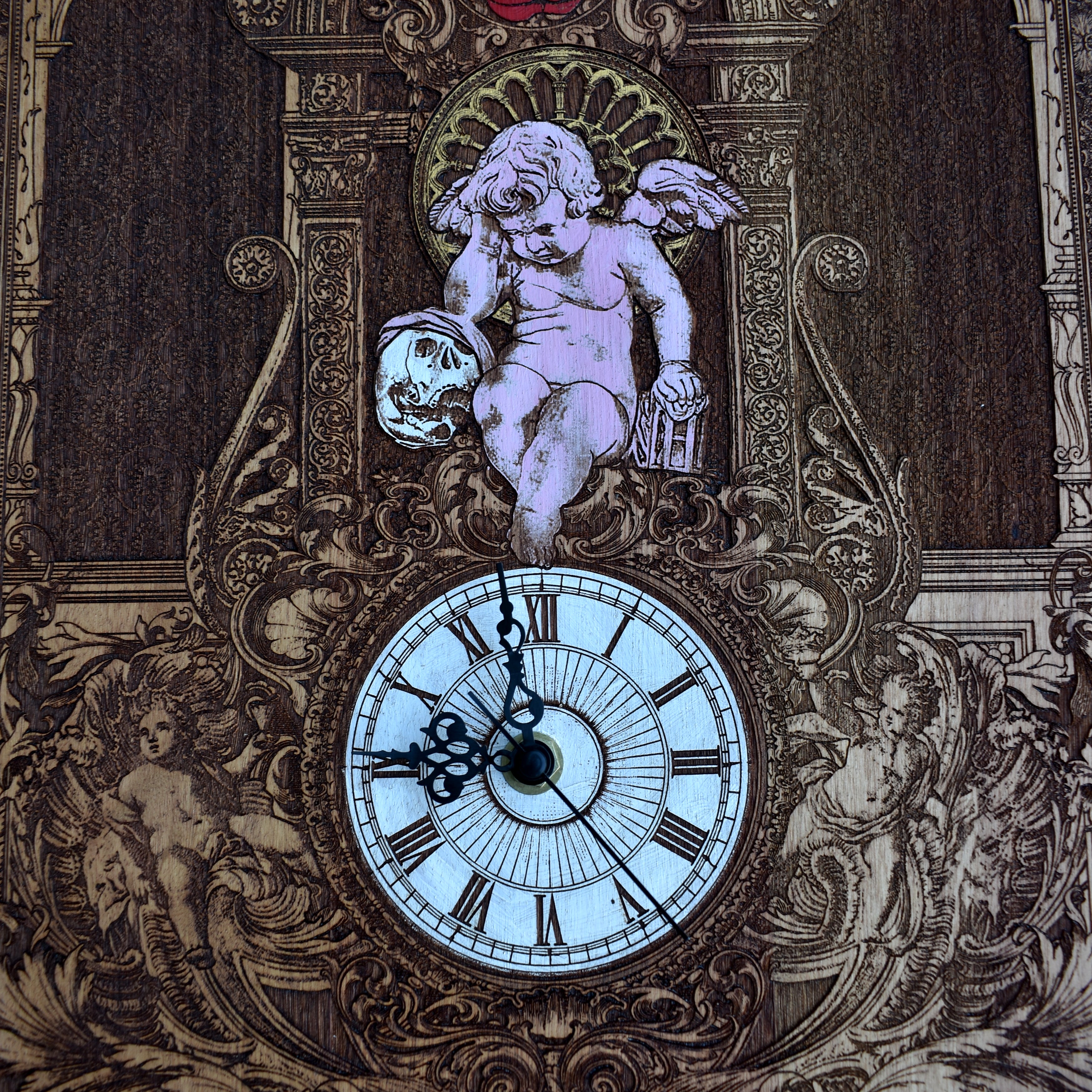 Gothic engraved wood art – gothic art, engraved wood, dark fantasy, skeleton design, artisan crafted