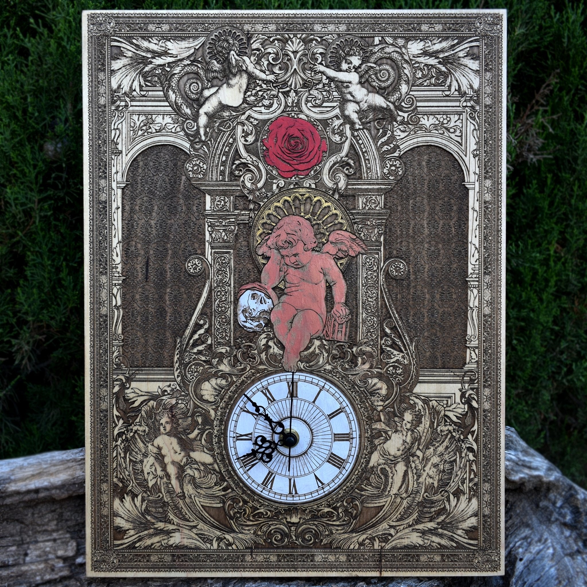 Handmade large gothic maple wood clock with intricate laser engraving. A unique, elegant statement piece—perfect for weddings, anniversaries, and gothic décor lovers.