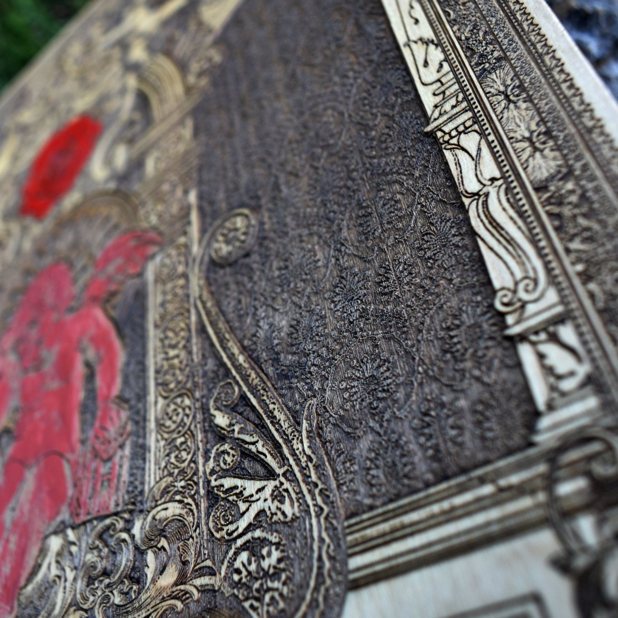 Gothic engraved wood art – gothic art, engraved wood, dark fantasy, skeleton design, artisan crafted