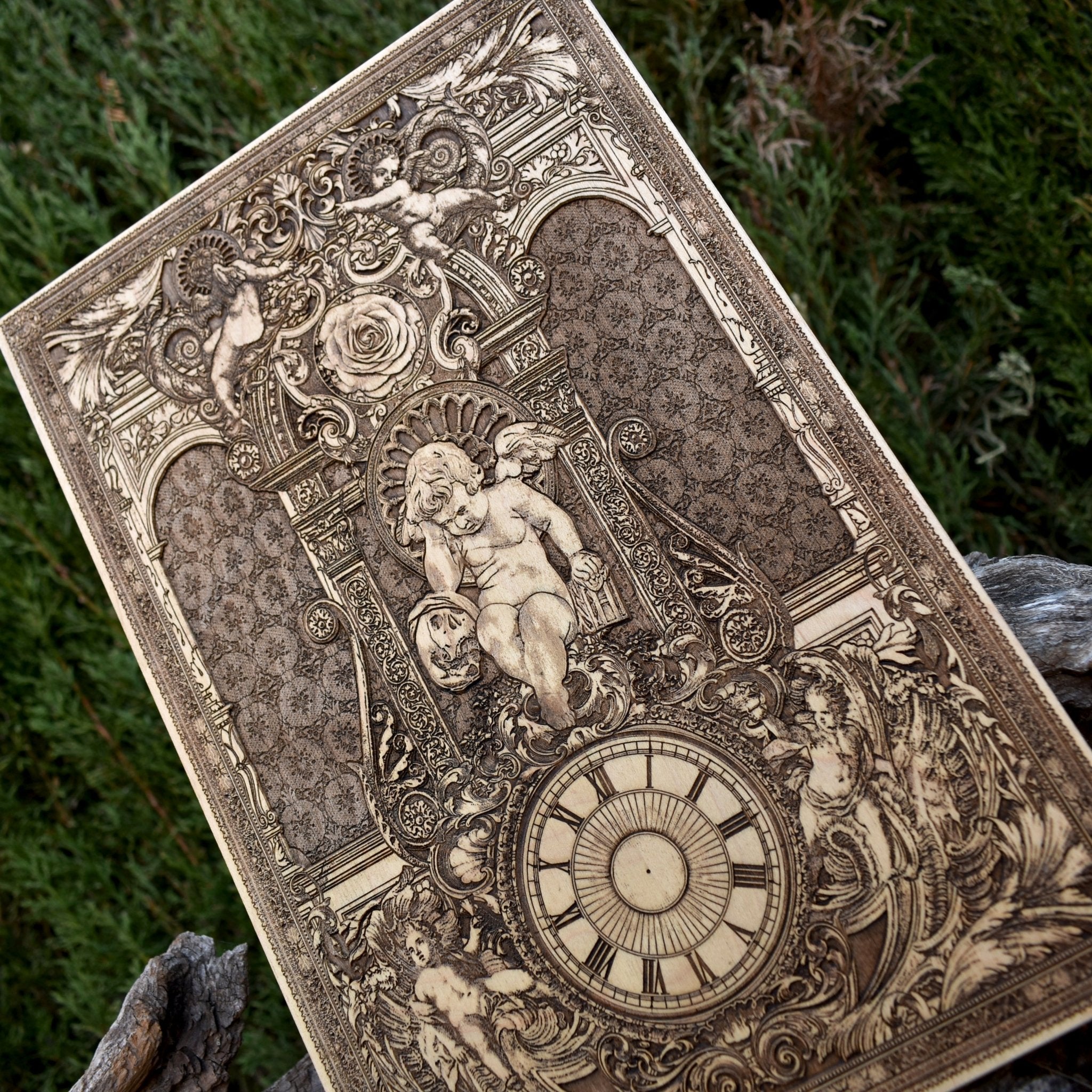 Handcrafted wooden clock with gothic cherub design, perfect for wedding and anniversary gifts.