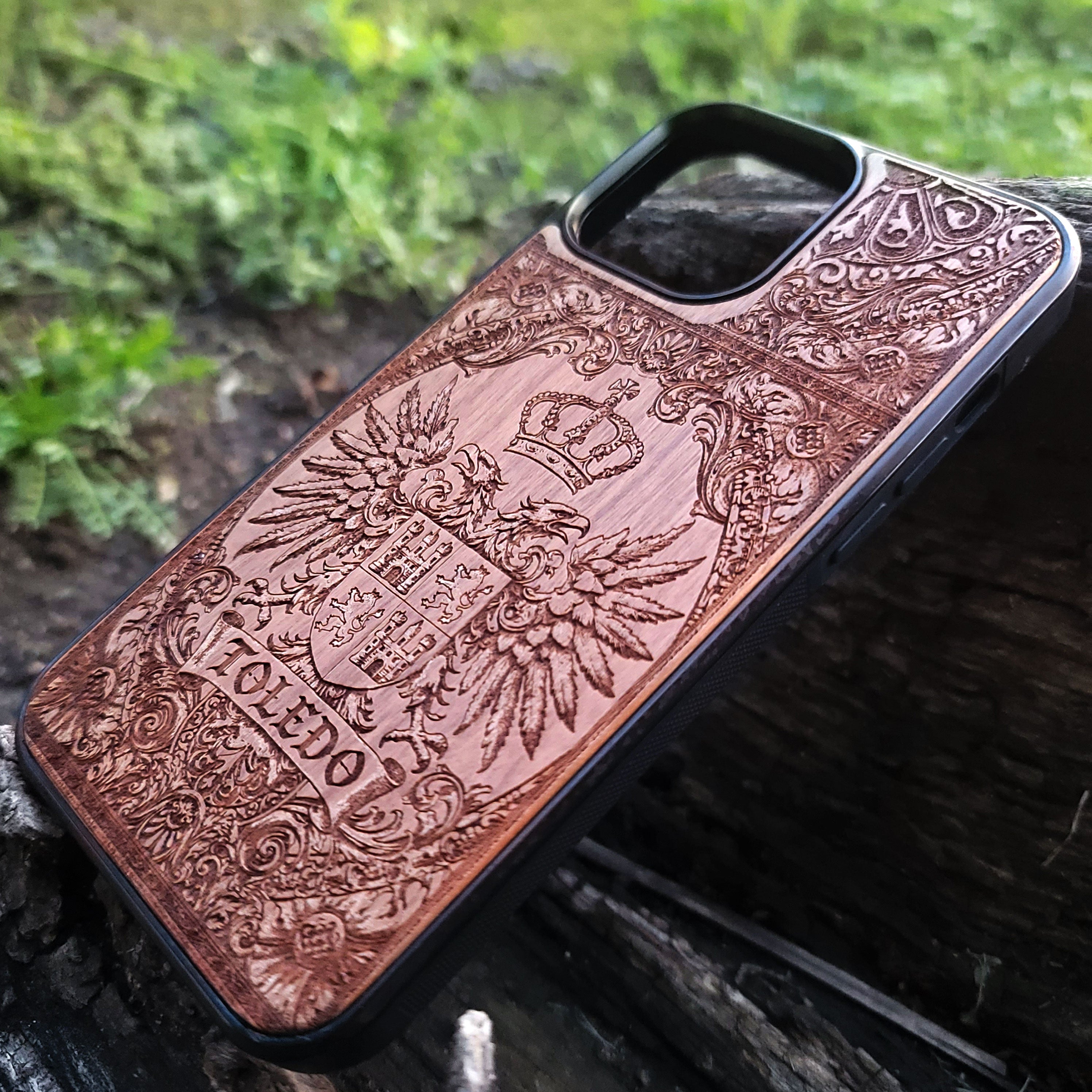Heraldic Toledo emblem engraved into premium wooden phone case.