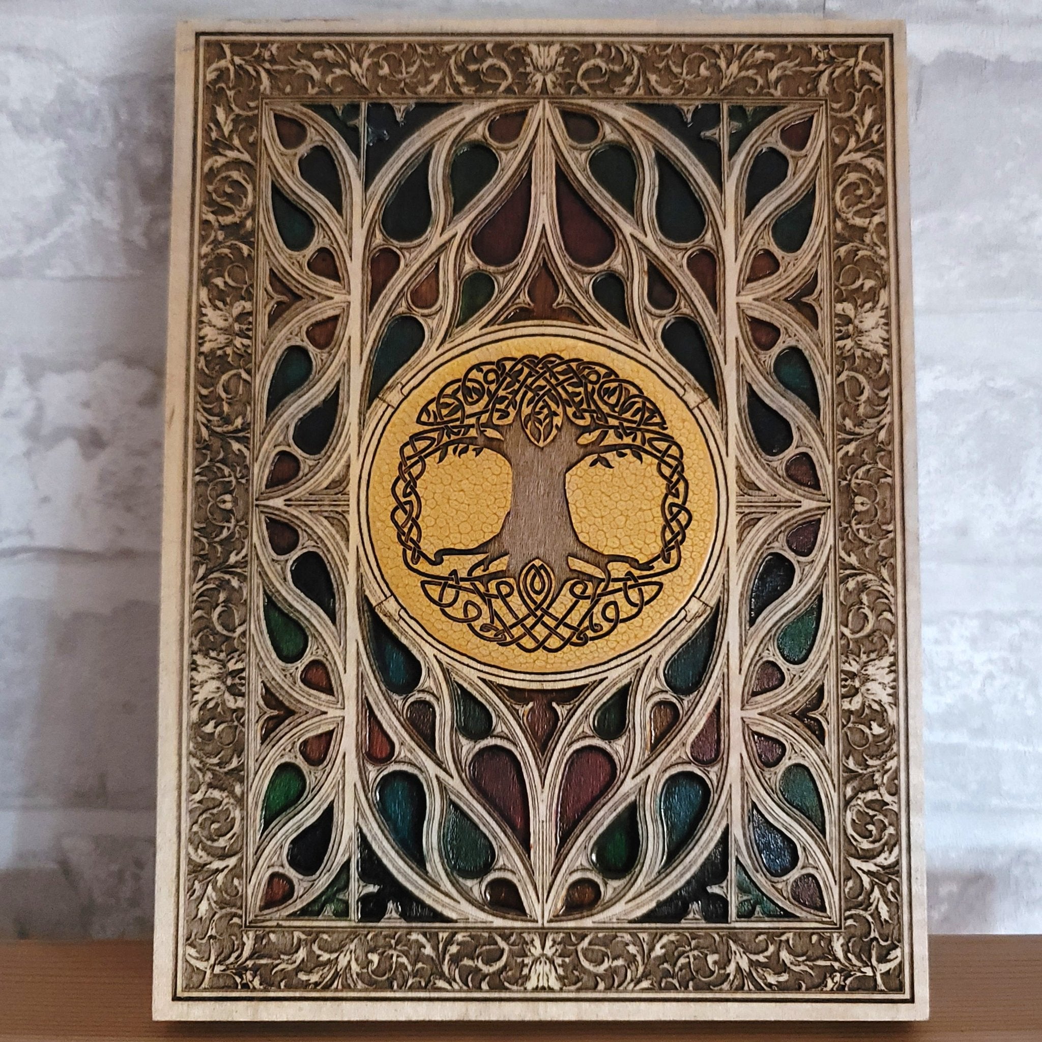 Fantasy wall art with your own custom symbol engraved in gothic window shape.