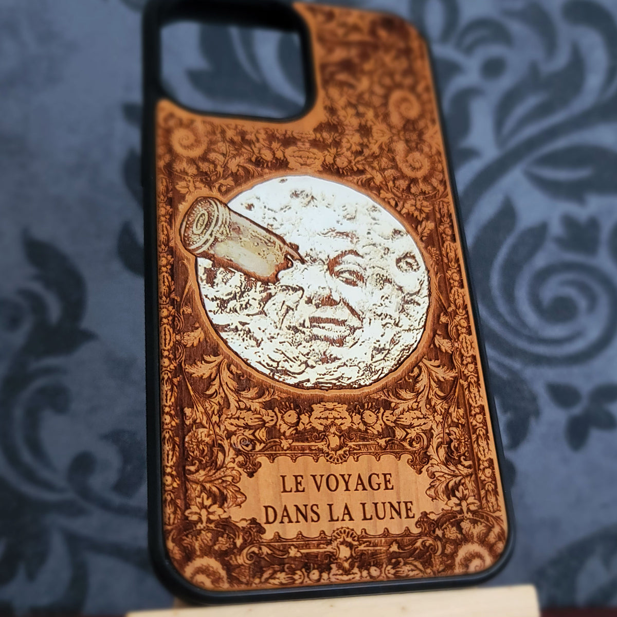 Vintage astronomy phone case with hand painted moon and ornate engraved border
