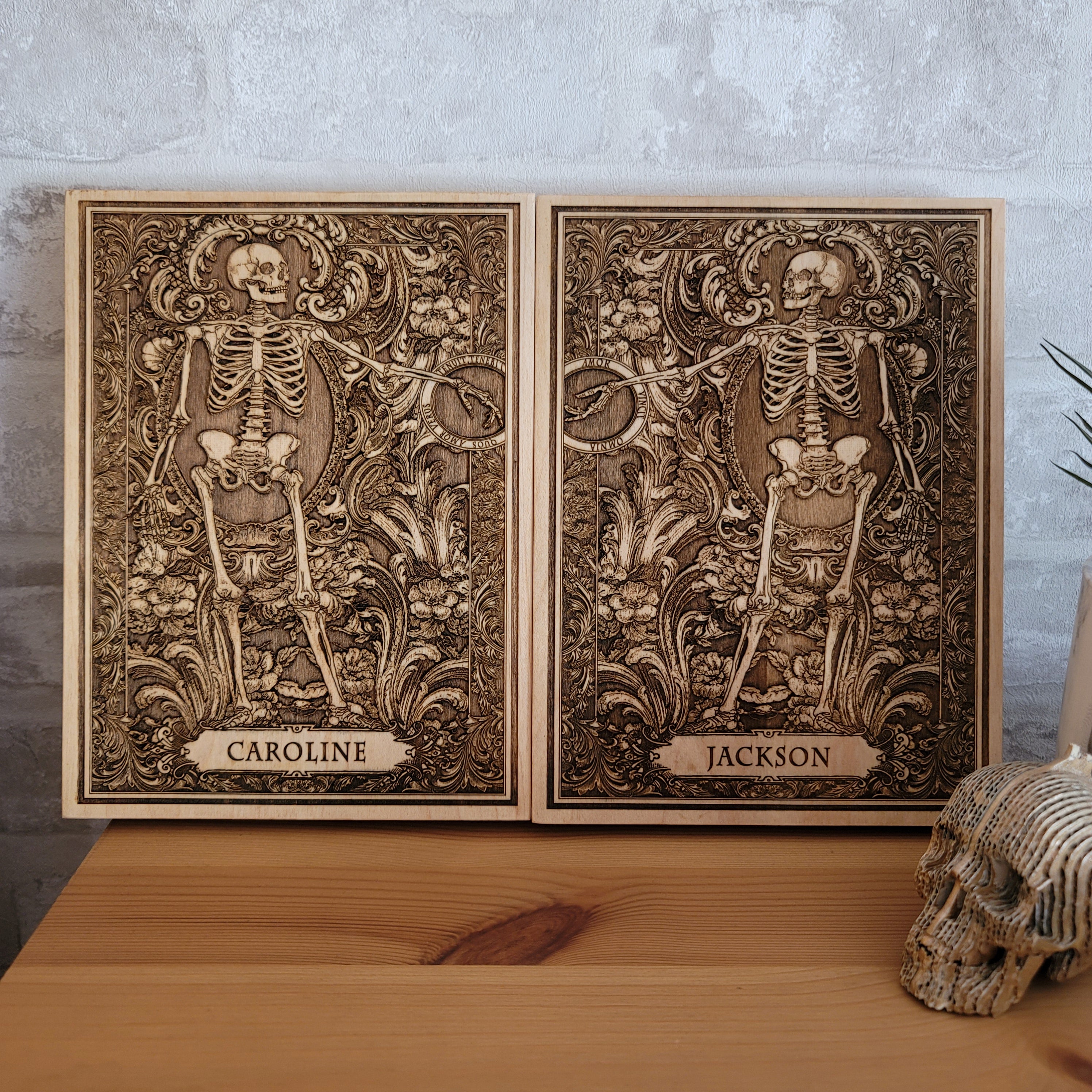 Personalized skeleton couple wood art – gothic wedding gift with custom names