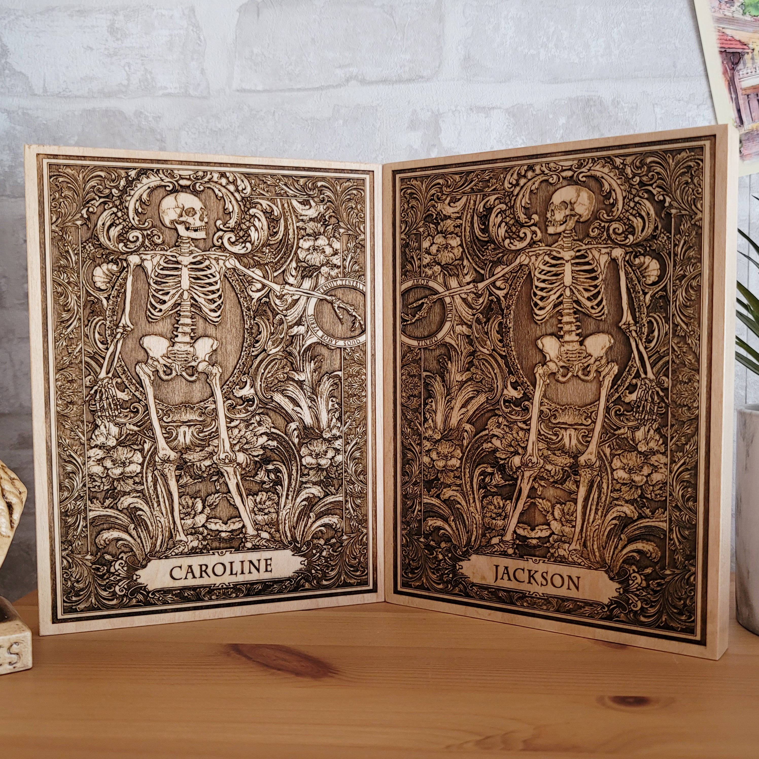 Dark gothic home decor – spooky engraved skeleton wood wall art