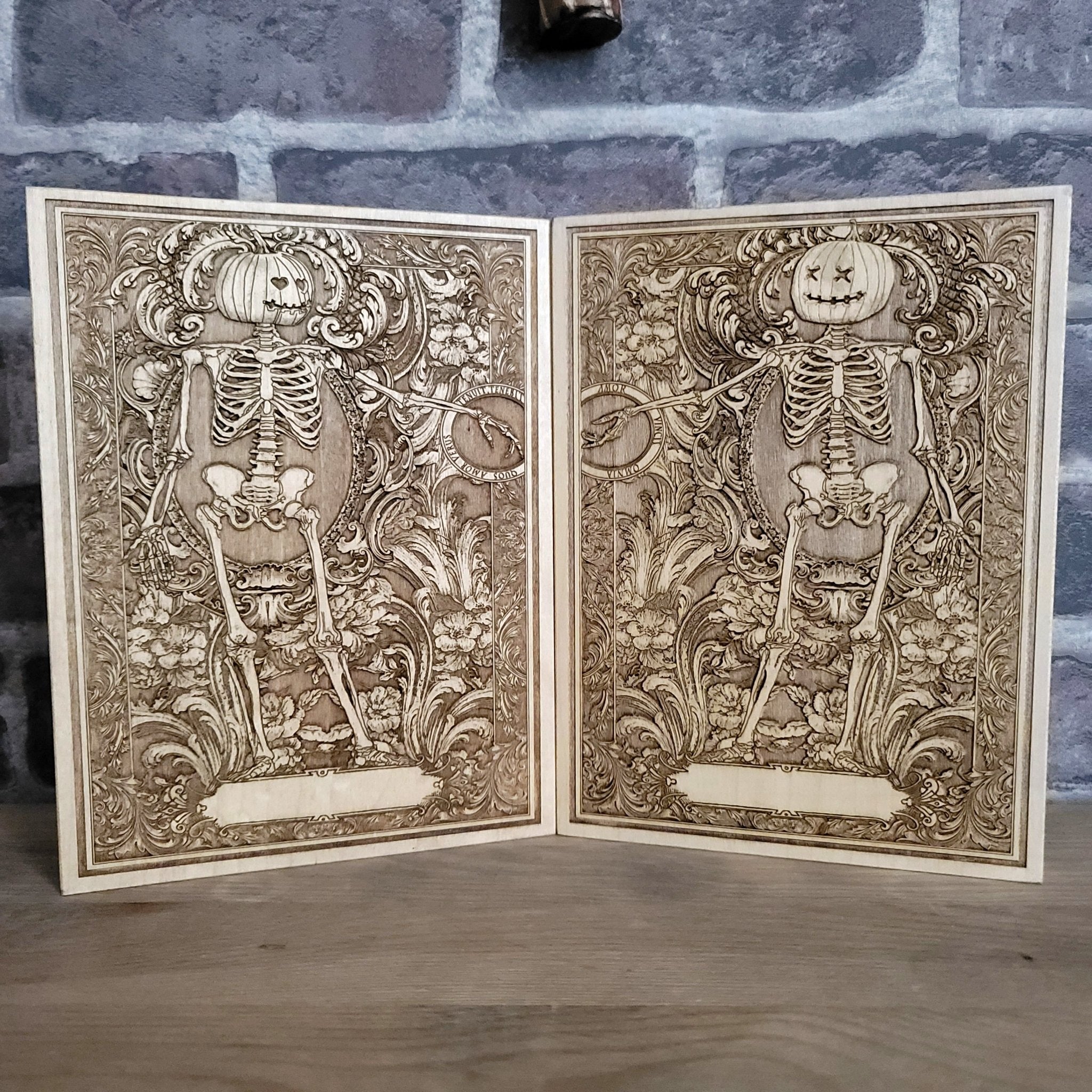 Mini wood wall art of skeleton couple holding hands with 'Till Death Do Us Part' text.
