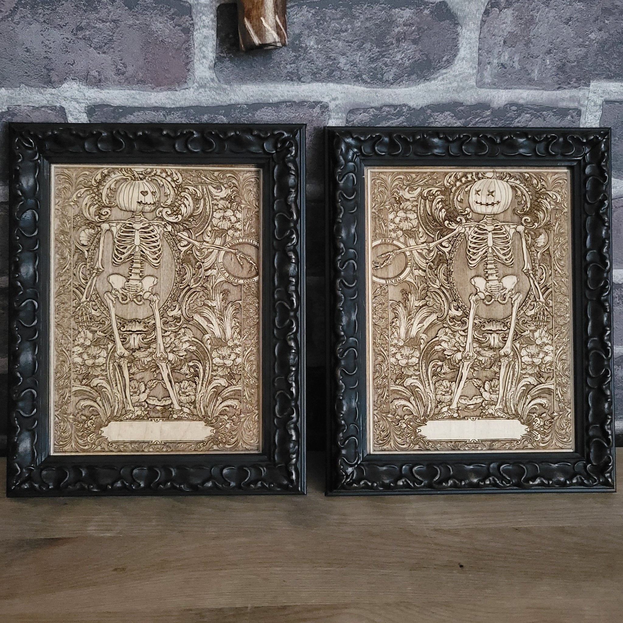 Laser-engraved skeleton couple on wood, perfect gothic Halloween gift for couples.