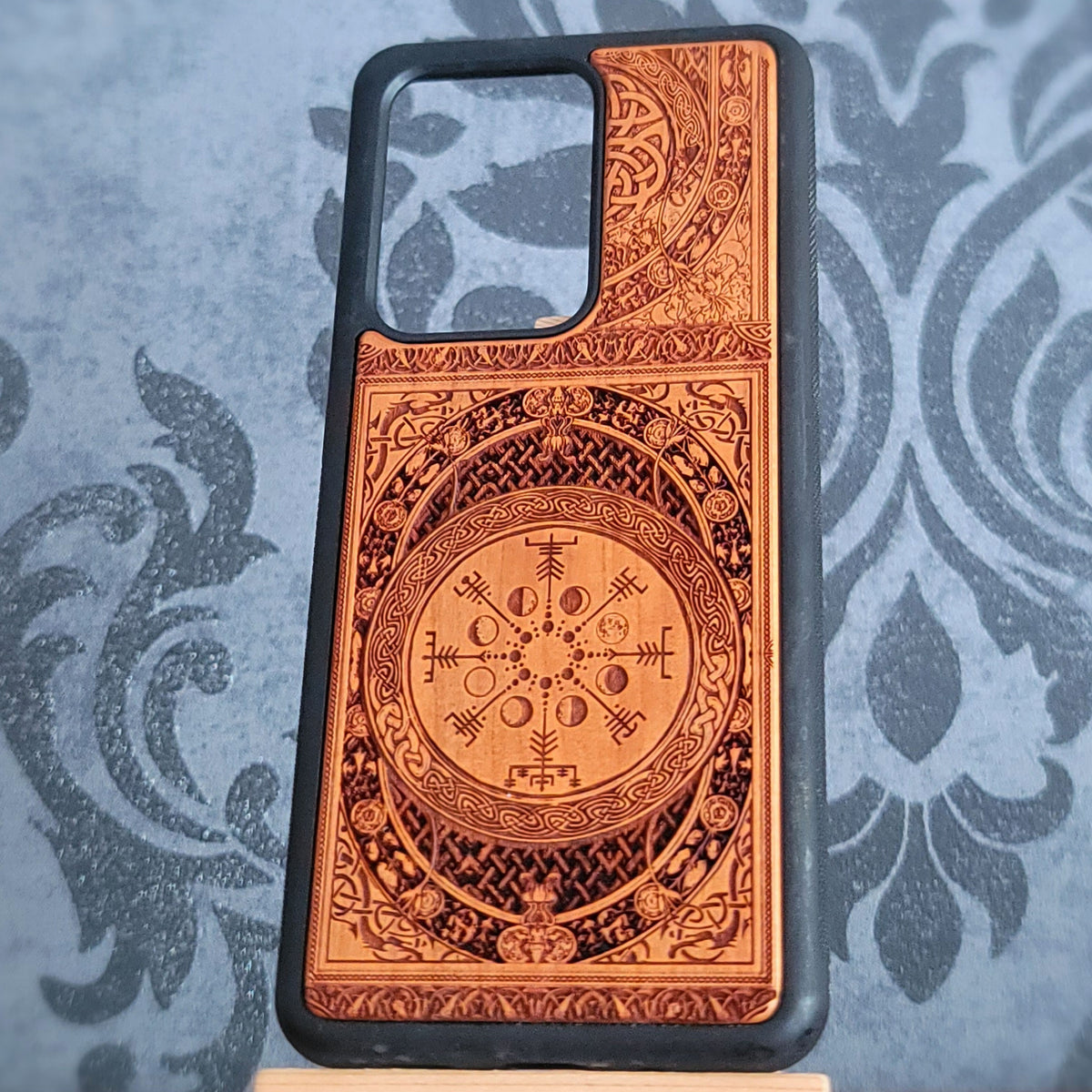 Norse rune wood phone case featuring Vegvisir compass and lunar moon phase symbols