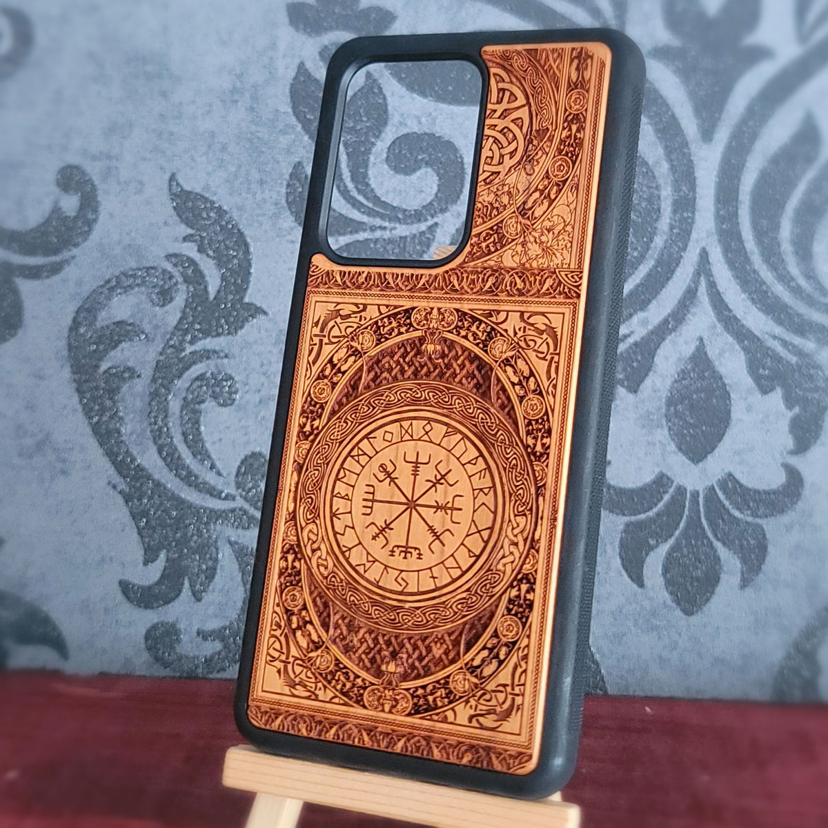 Vegvisir rune phone case with deep laser engraving and natural wood grain