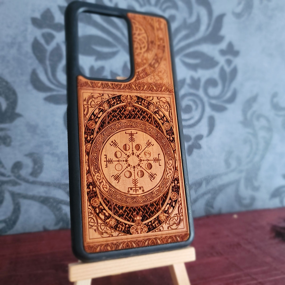 Viking Vegvisir Rune & Moon Phase Wood Phone Case