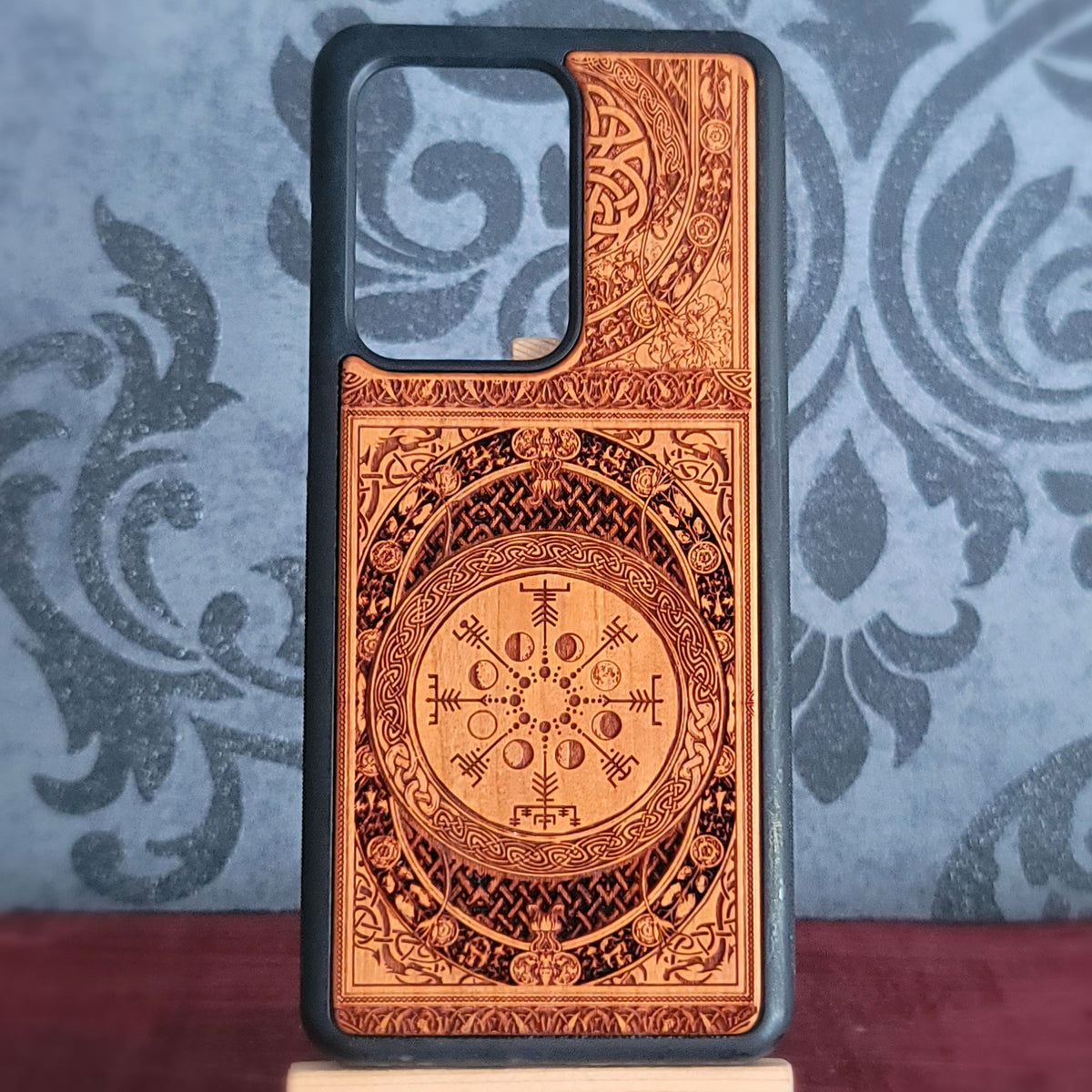Viking Vegvisir rune compass engraved on real cherrywood phone case with moon phases