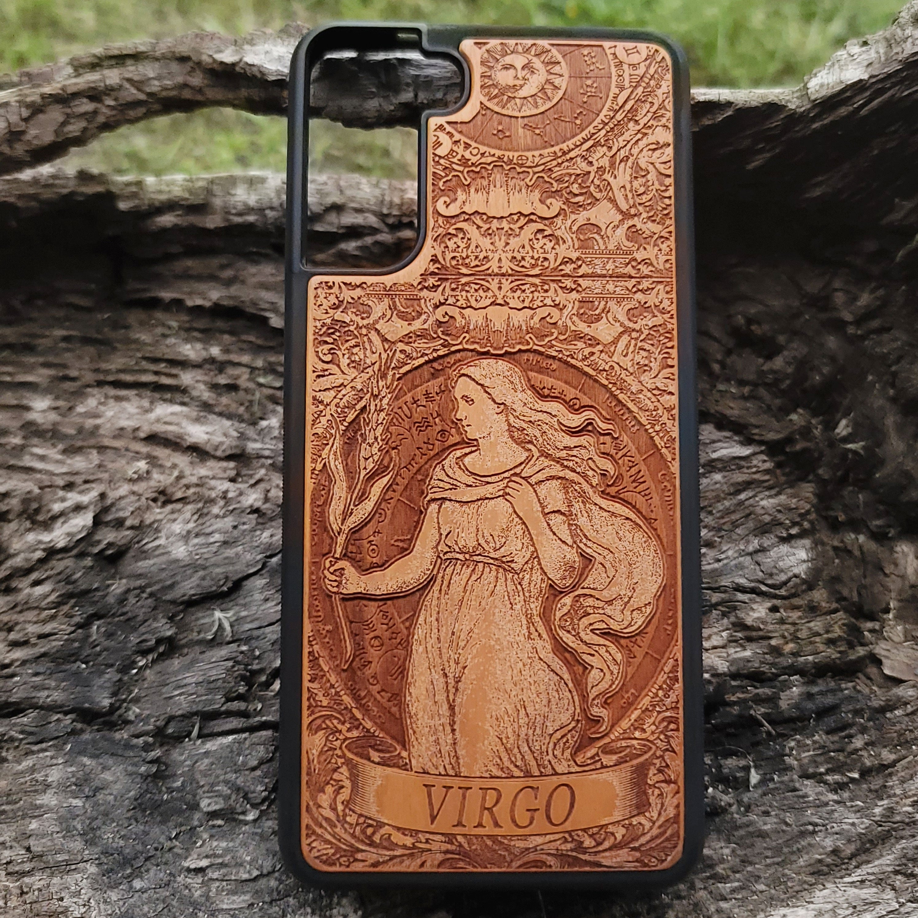 Virgo zodiac sign wood phone case with engraved horoscope art