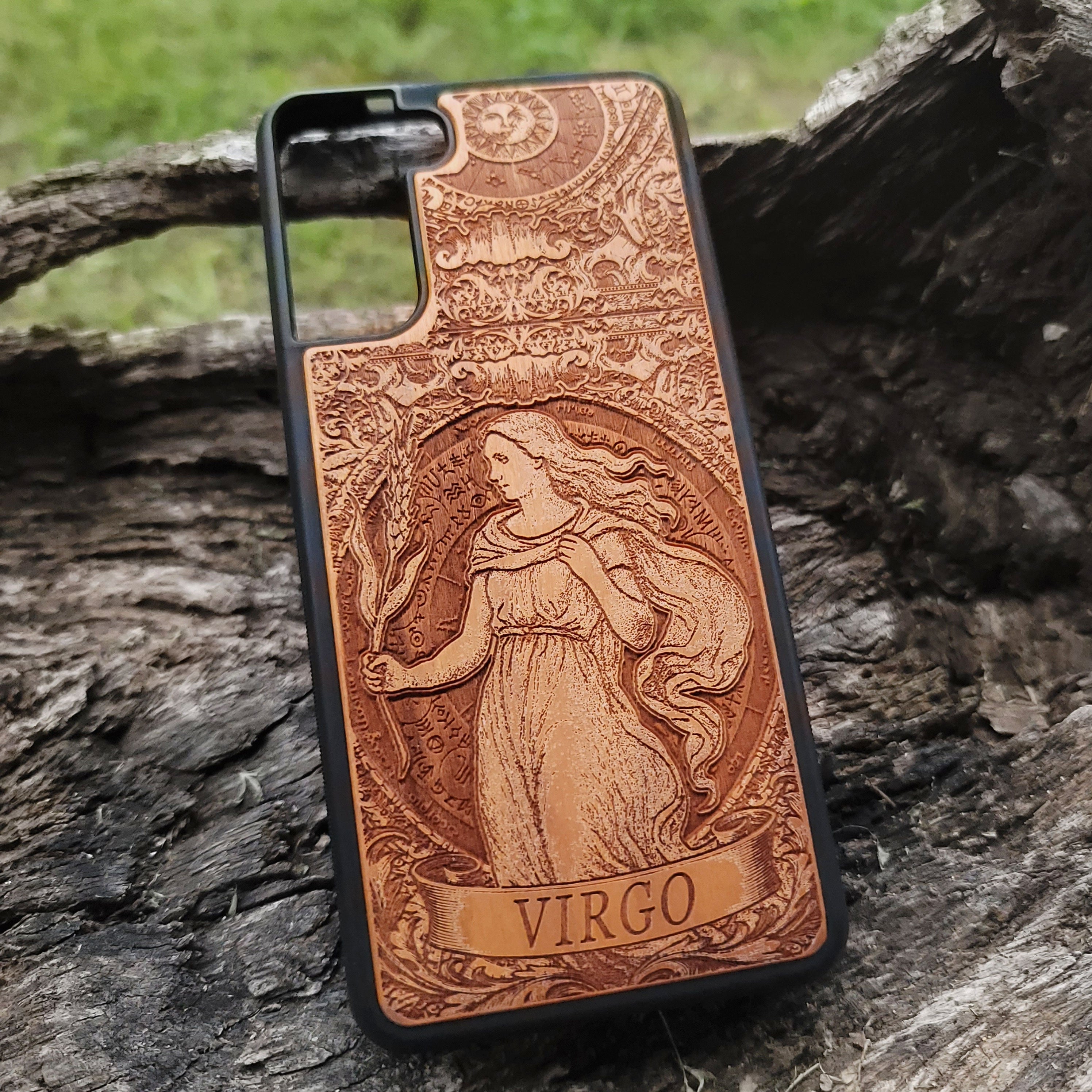 Star sign Virgo engraved phone case with rustic wooden texture