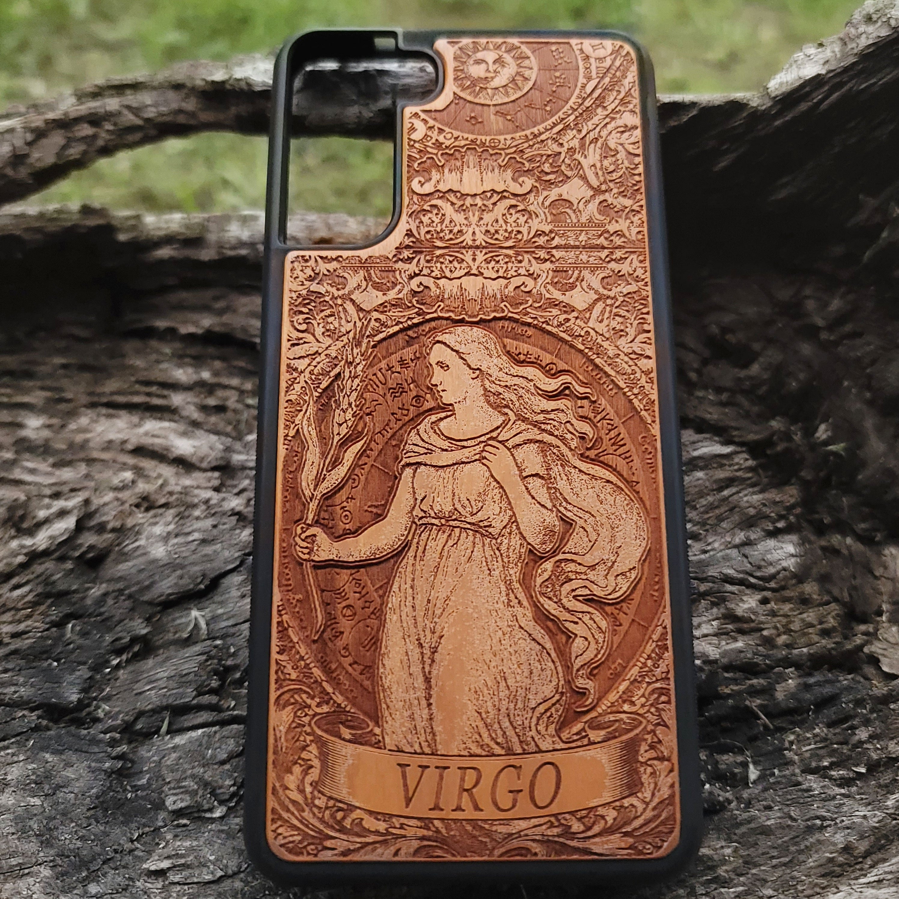 Handmade wood phone cover featuring Virgo constellation design