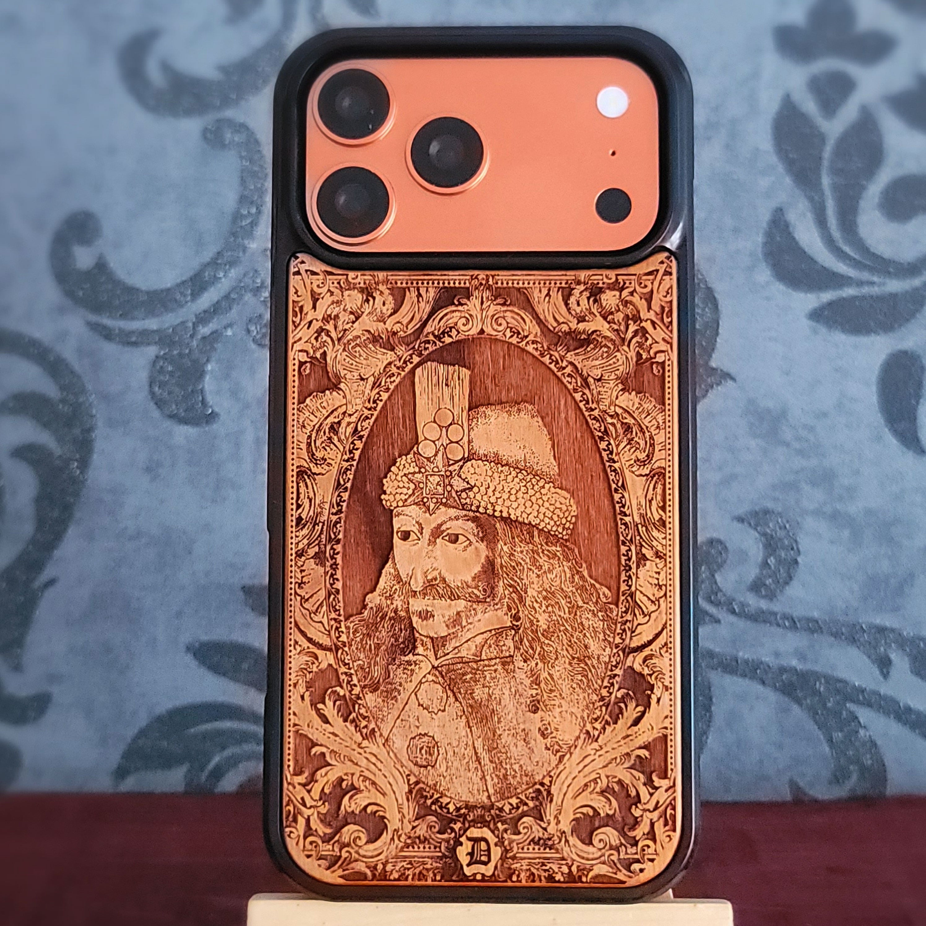 Vlad the Impaler wood phone case with laser engraved medieval Dracula portrait and ornate gothic frame