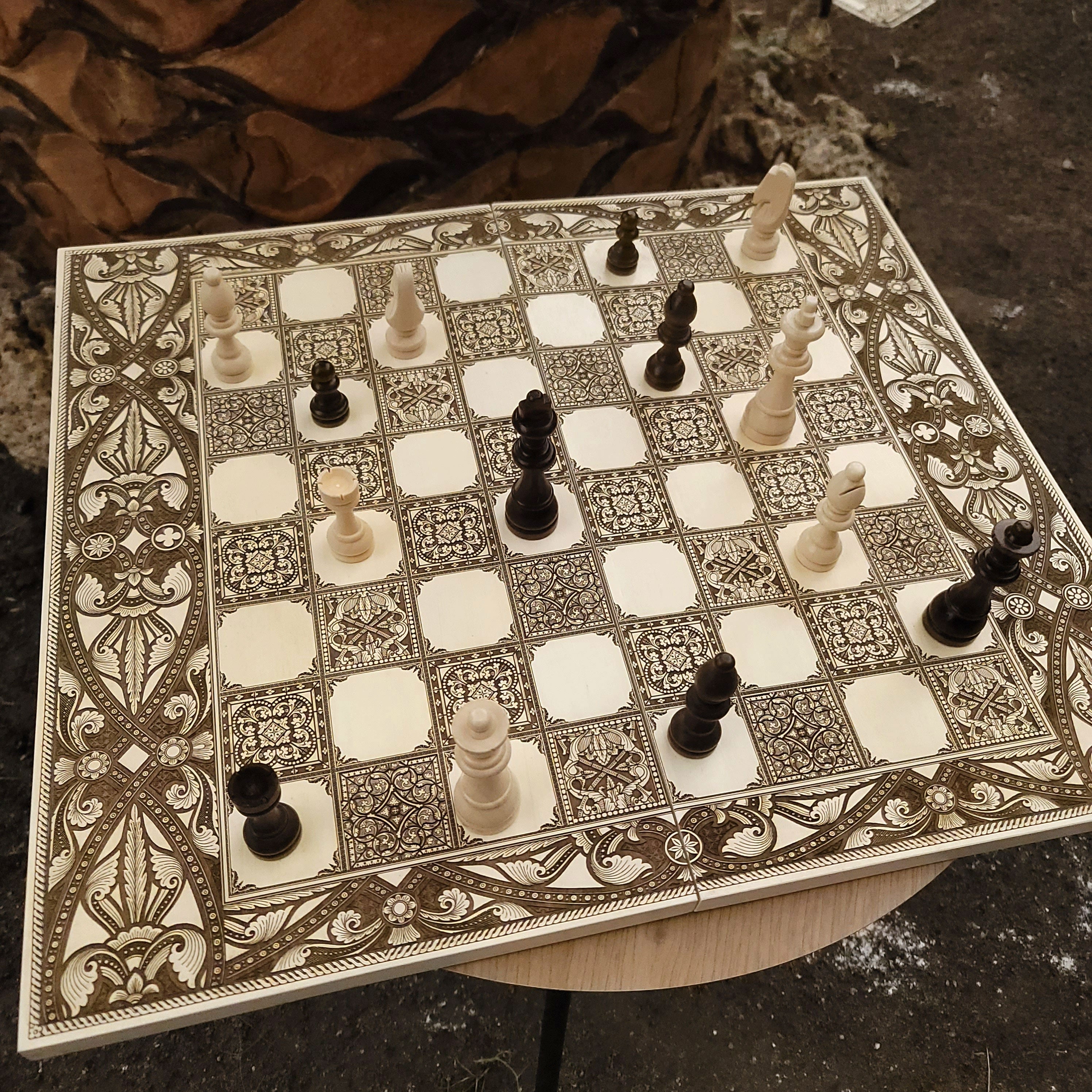 Spanish Tiles Chess Board - White & Brown - Tournament Size