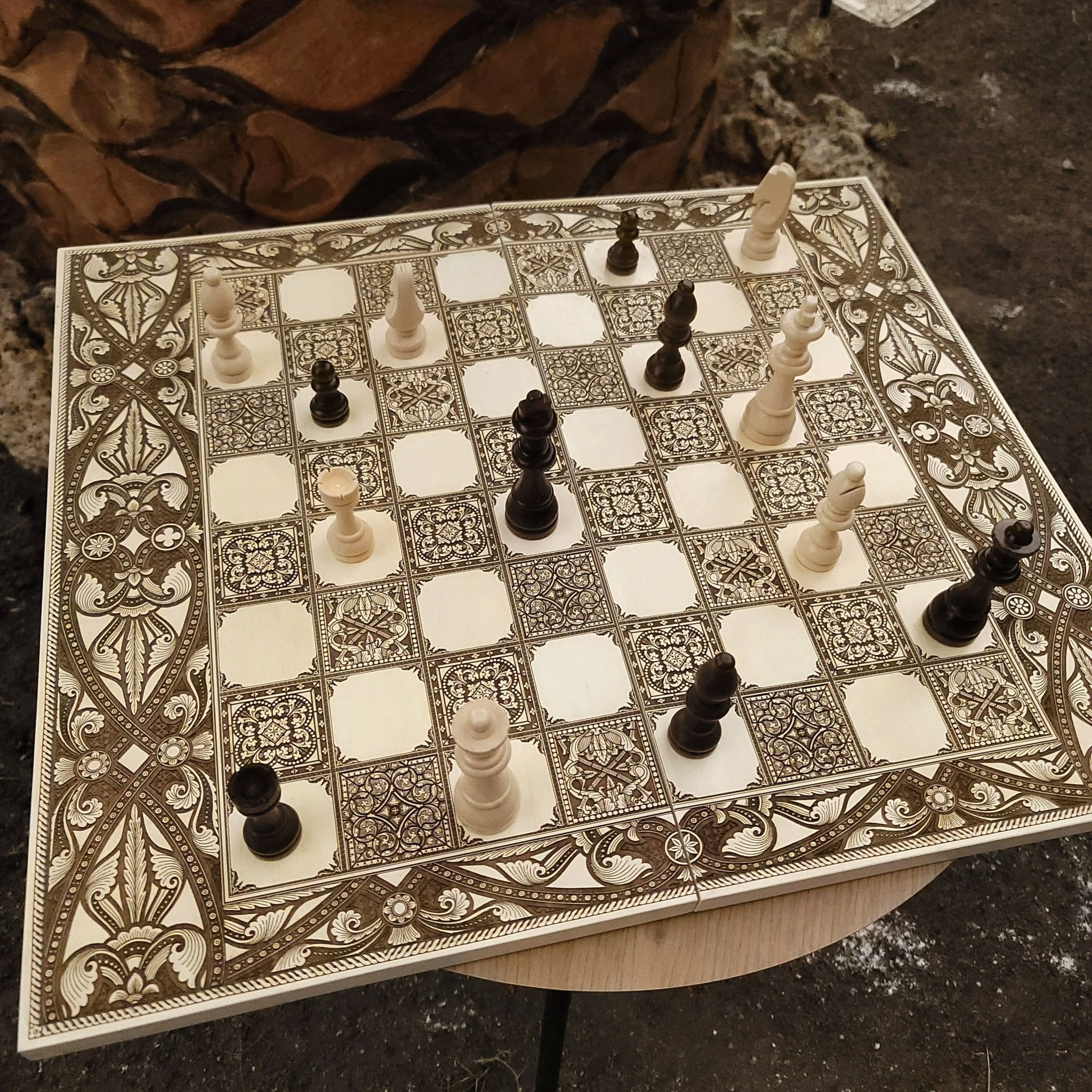 Spanish Tiles Chess Board - White & Brown - Tournament Size