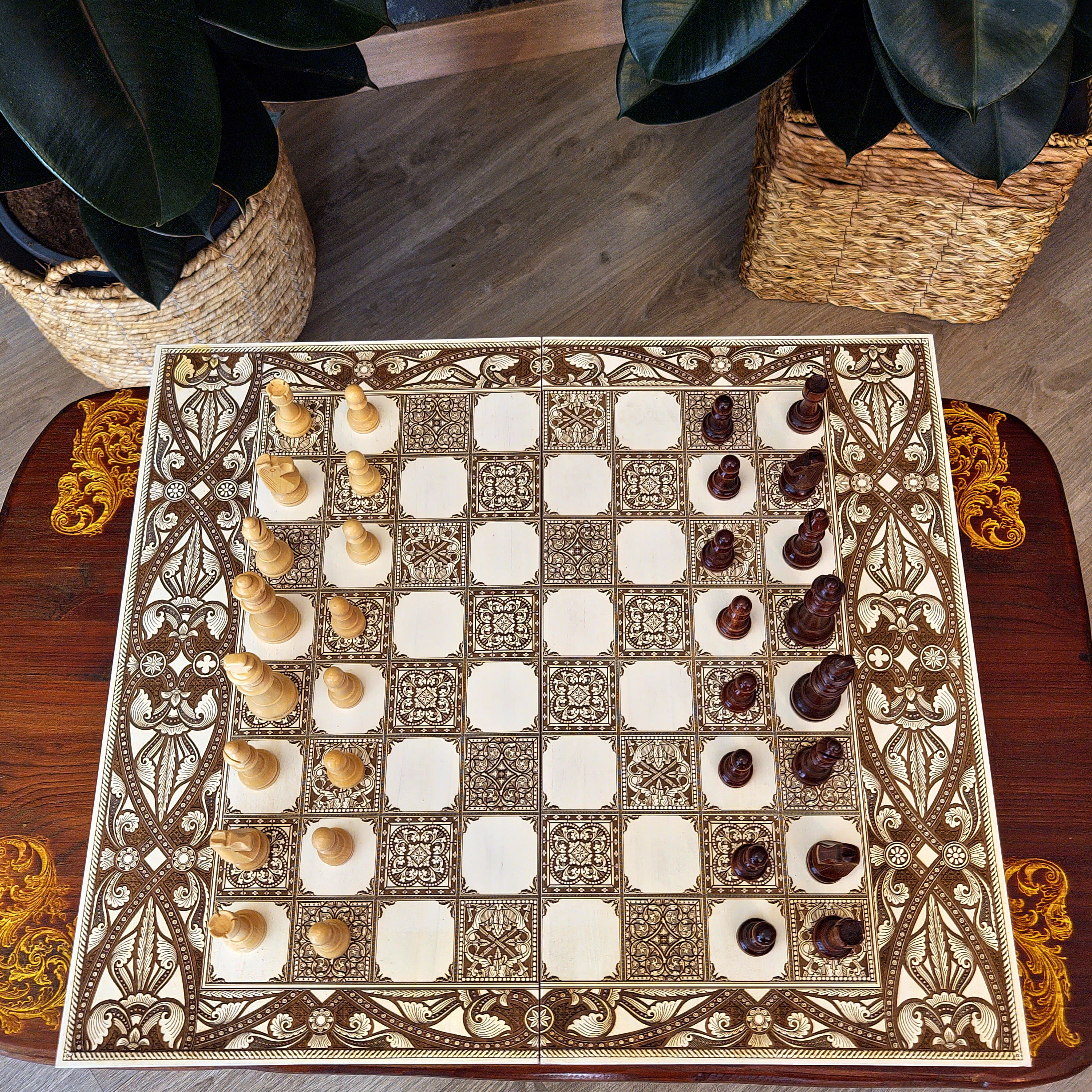 Decorative wood chessboard laser engraved