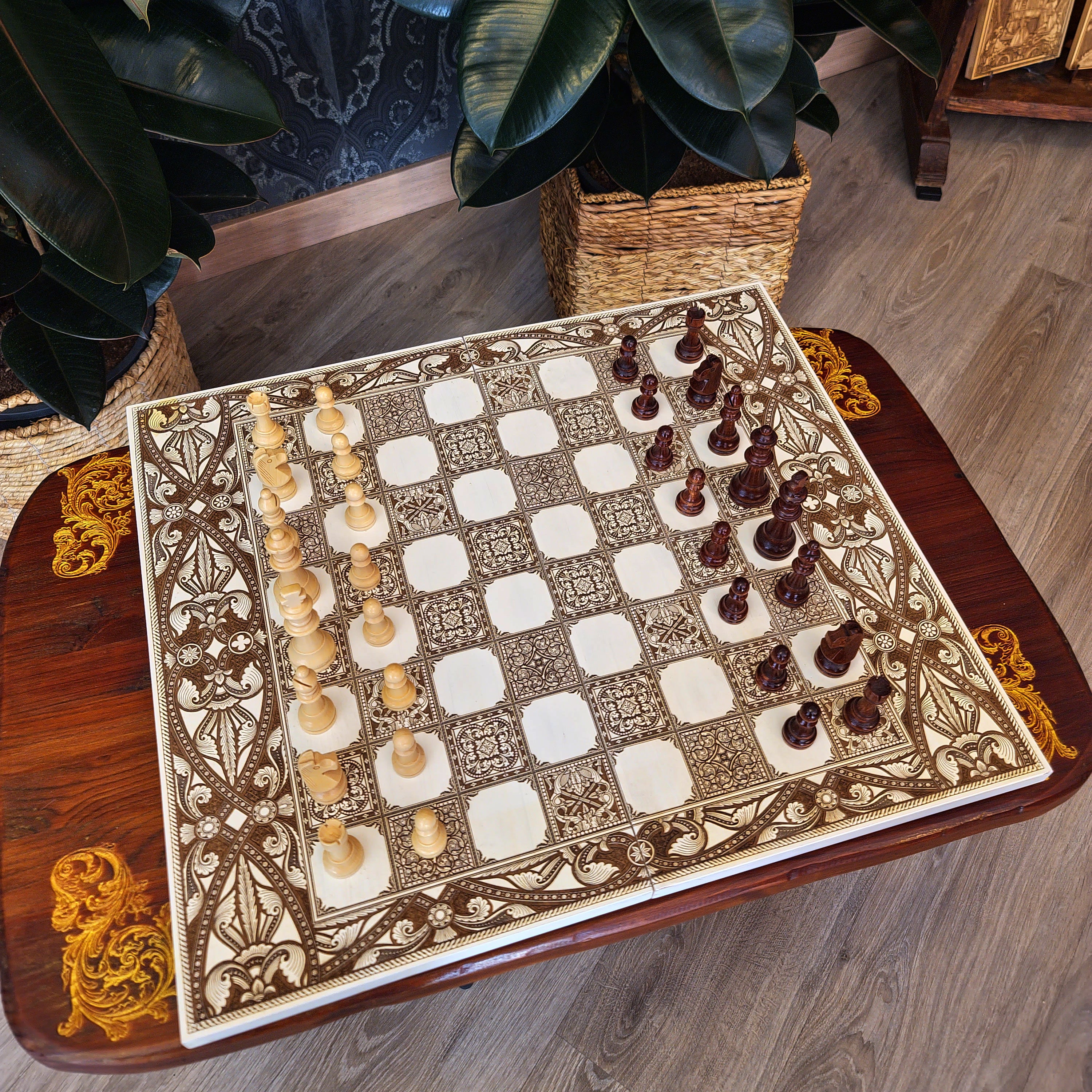 Decorative wood chessboard laser engraved