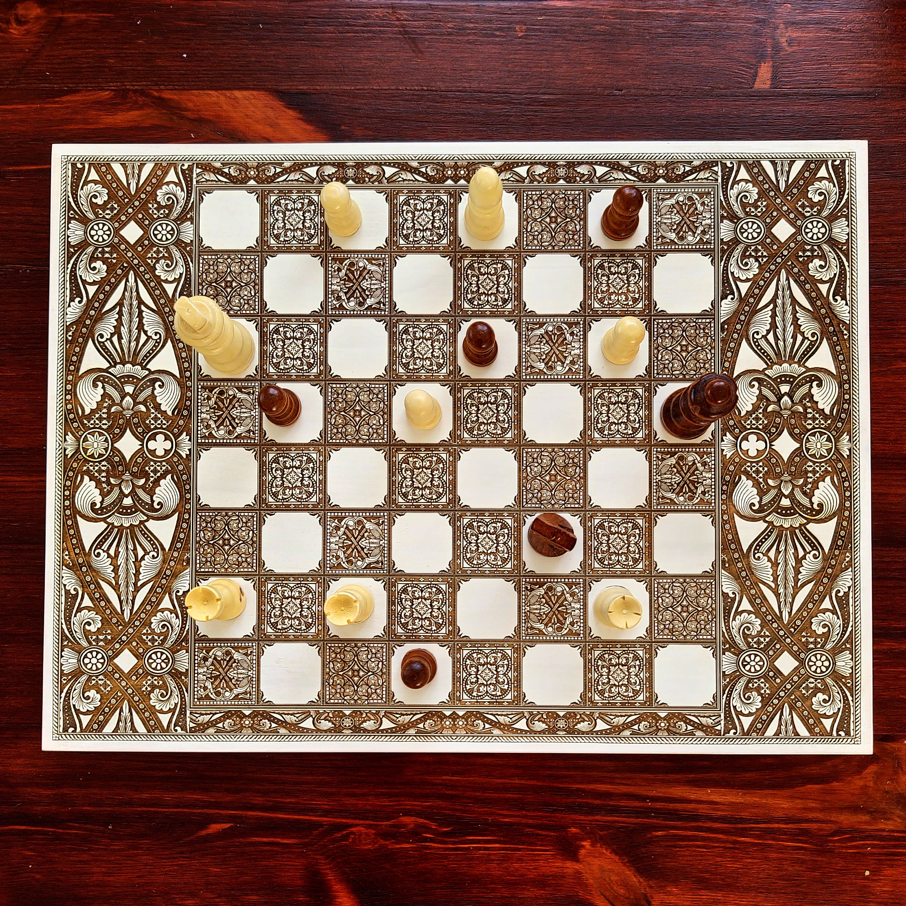 Flourish Decorated Wood Chess Board - White & Brown - A3 Large Size