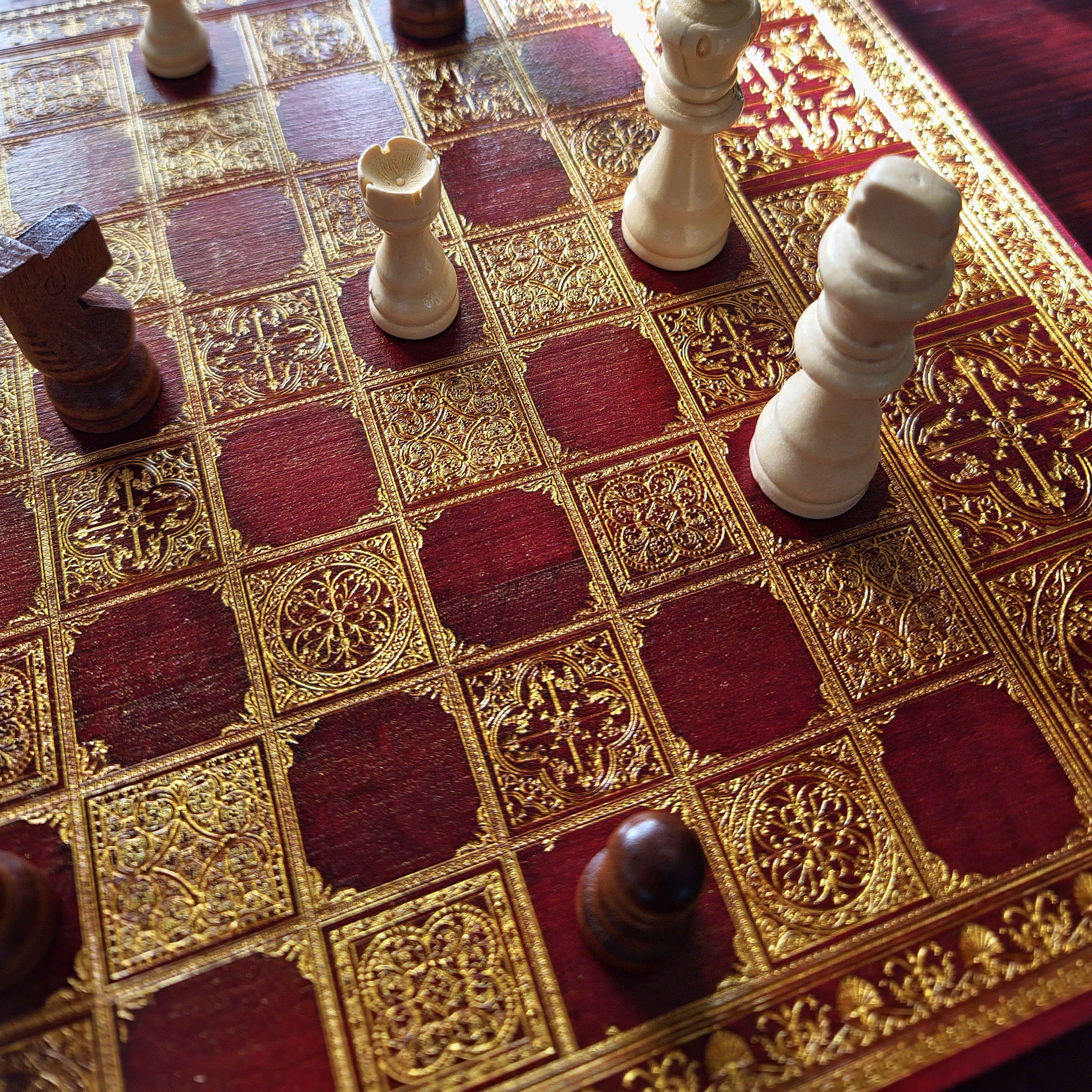 Spanish Tiles Chess Board - Red Walnut & Gold - A3 Large Size