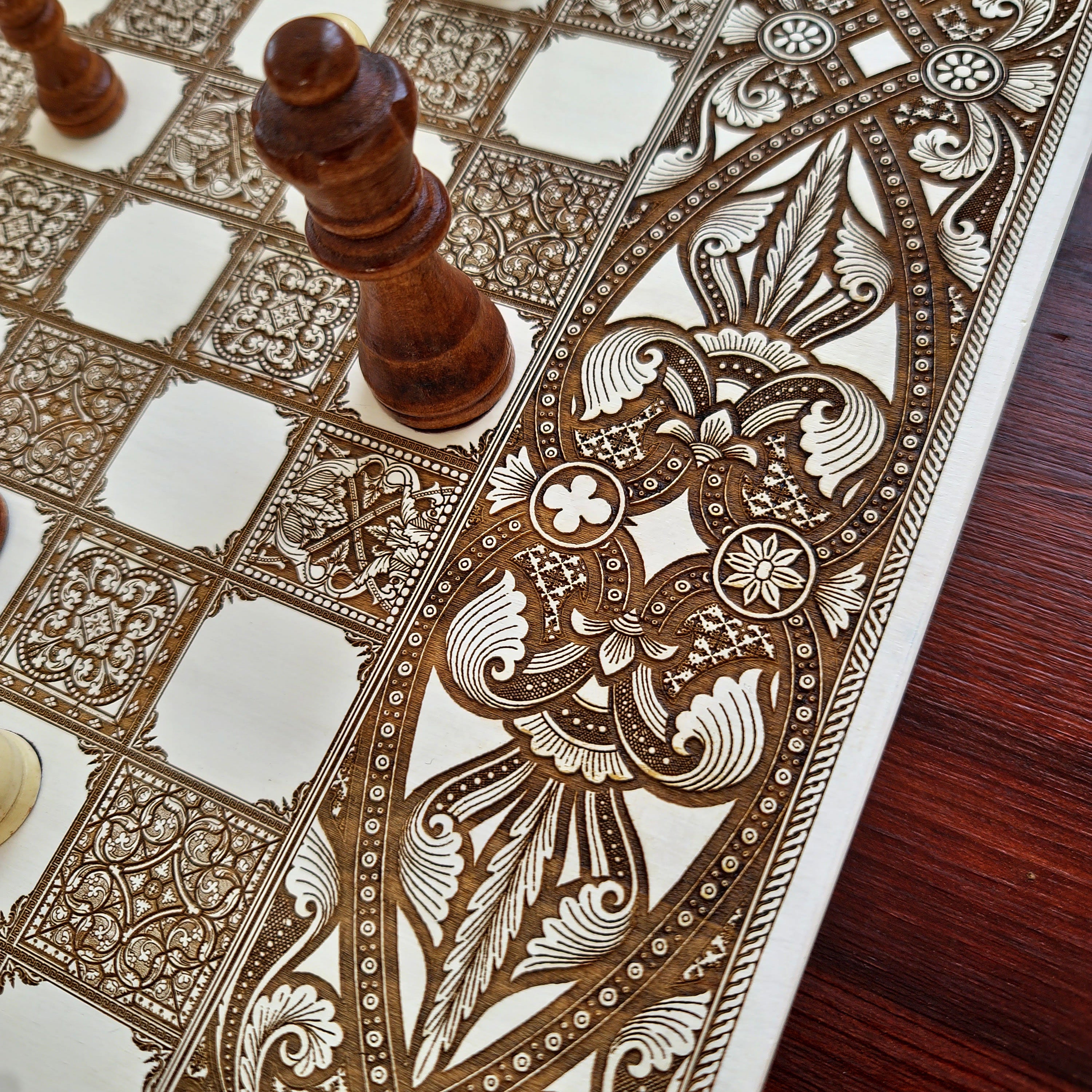 Flourish Decorated Wood Chess Board - White & Brown - A3 Large Size