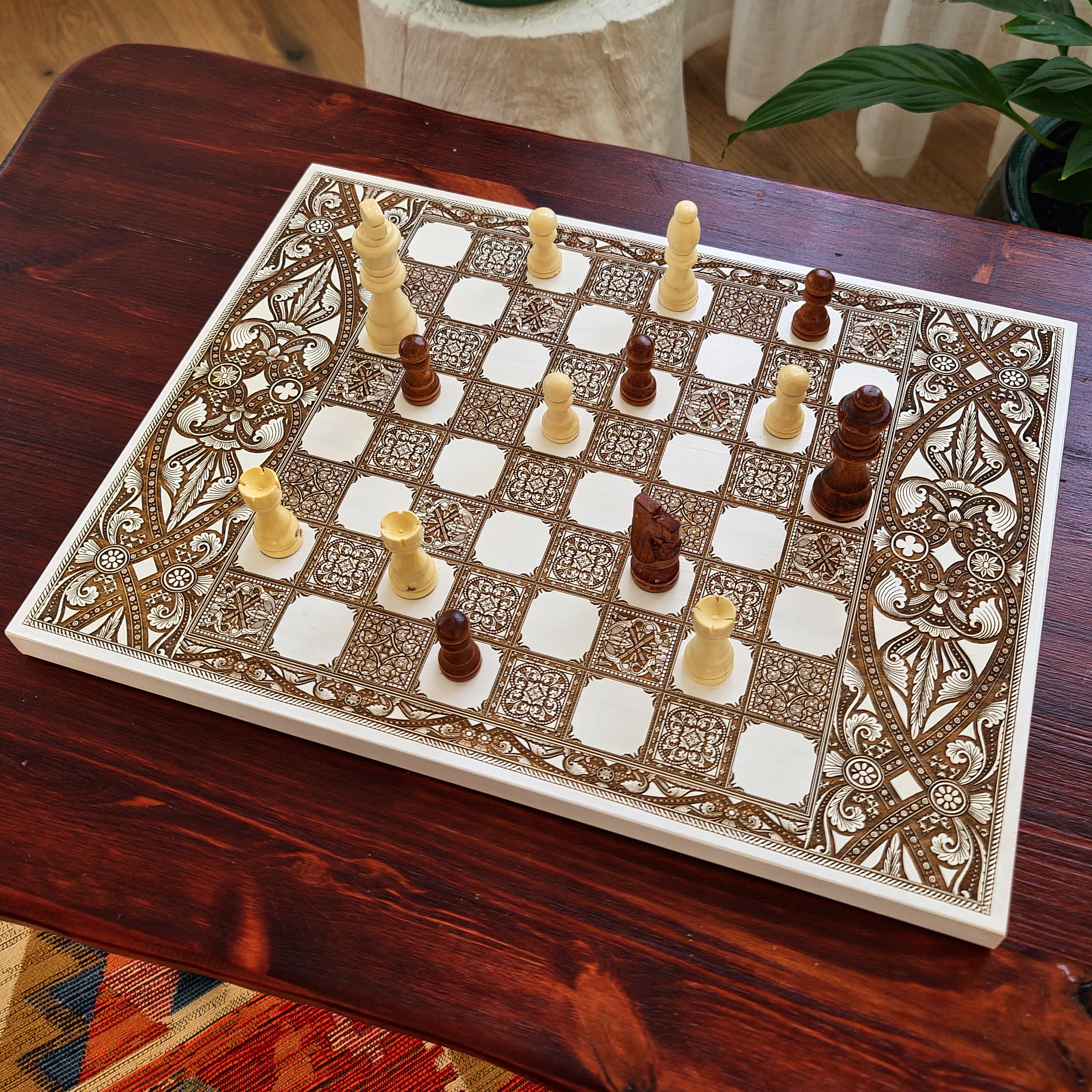 Flourish Decorated Wood Chess Board - White & Brown - A3 Large Size