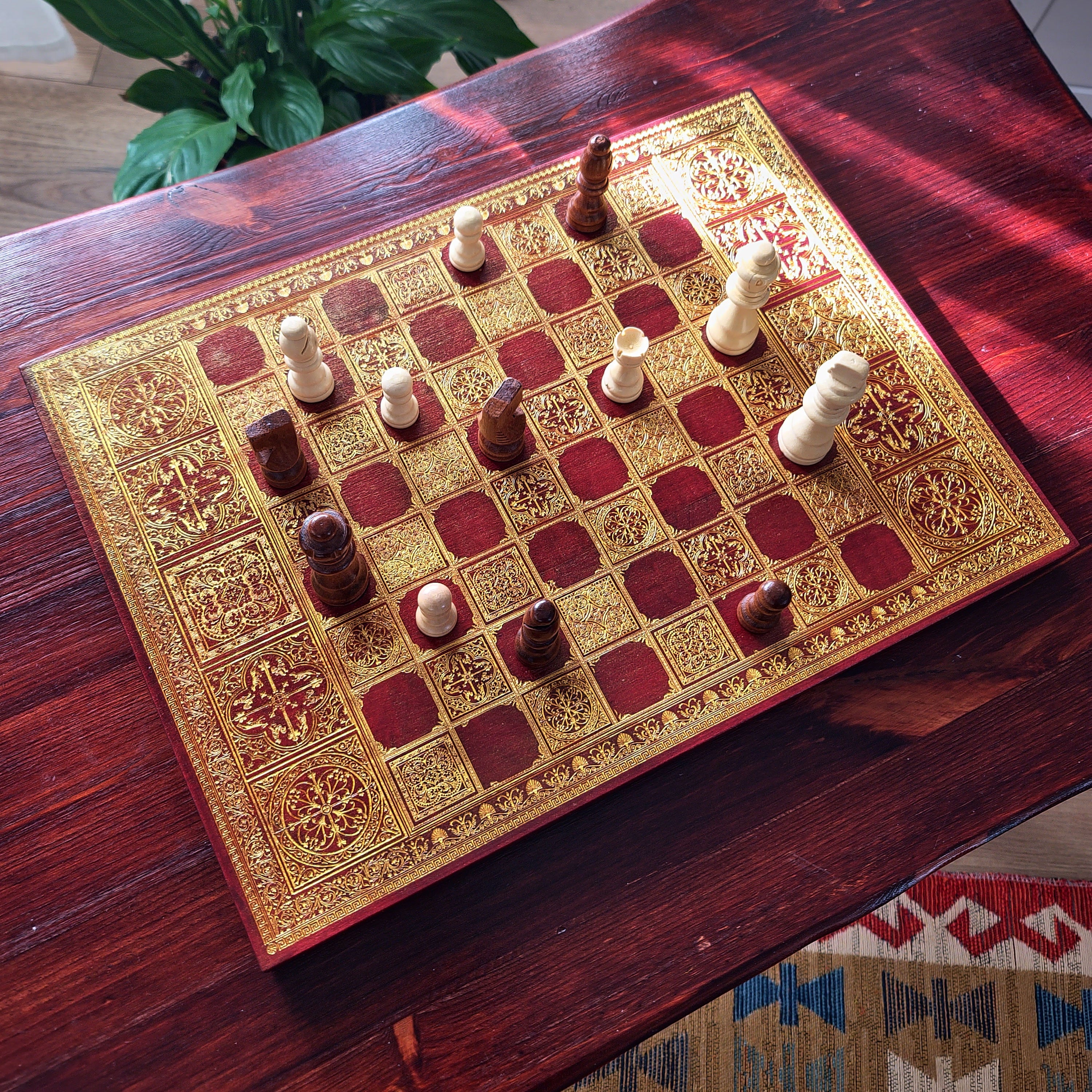 Spanish Tiles Chess Board - Red Walnut & Gold - A3 Large Size