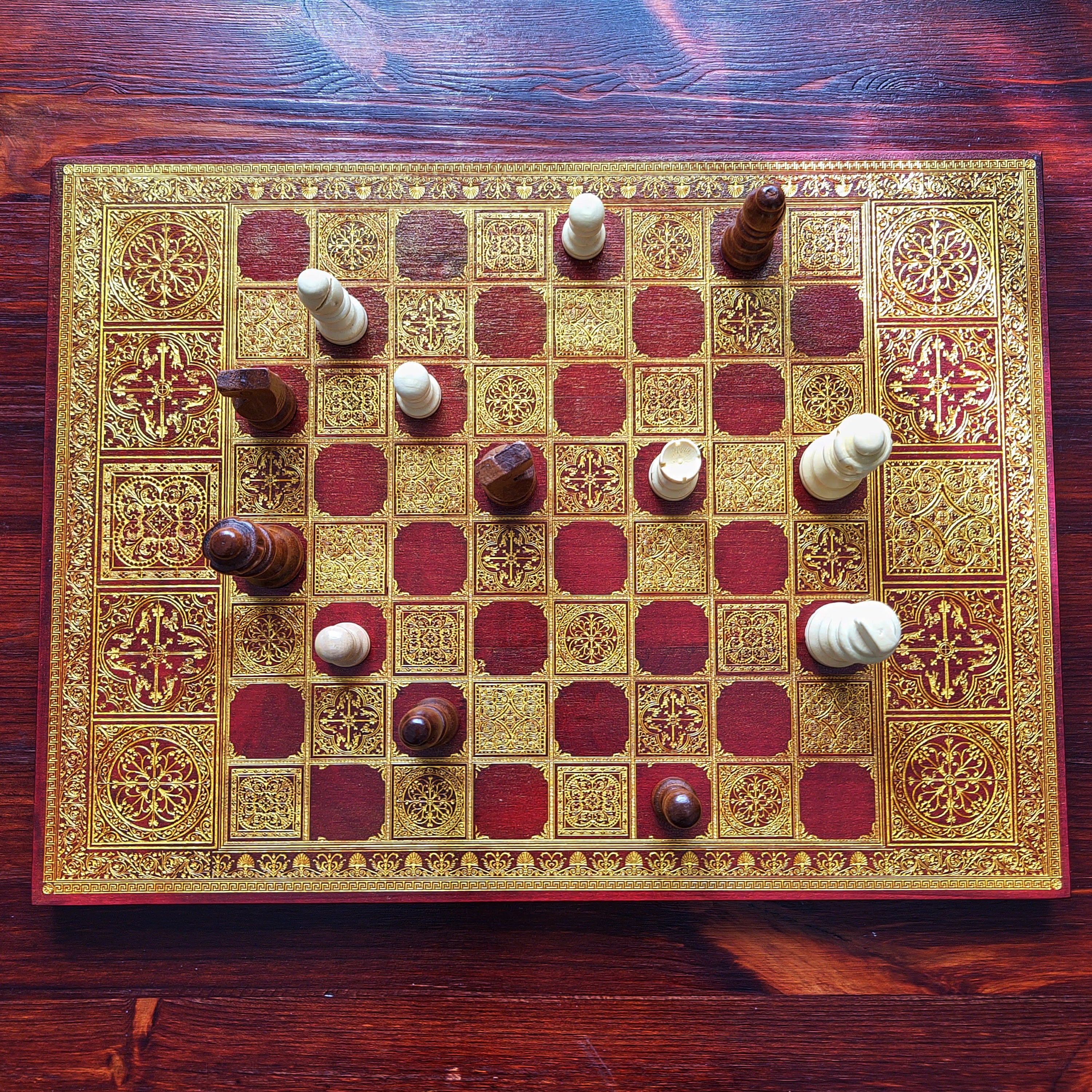Spanish Tiles Chess Board - Red Walnut & Gold - A3 Large Size
