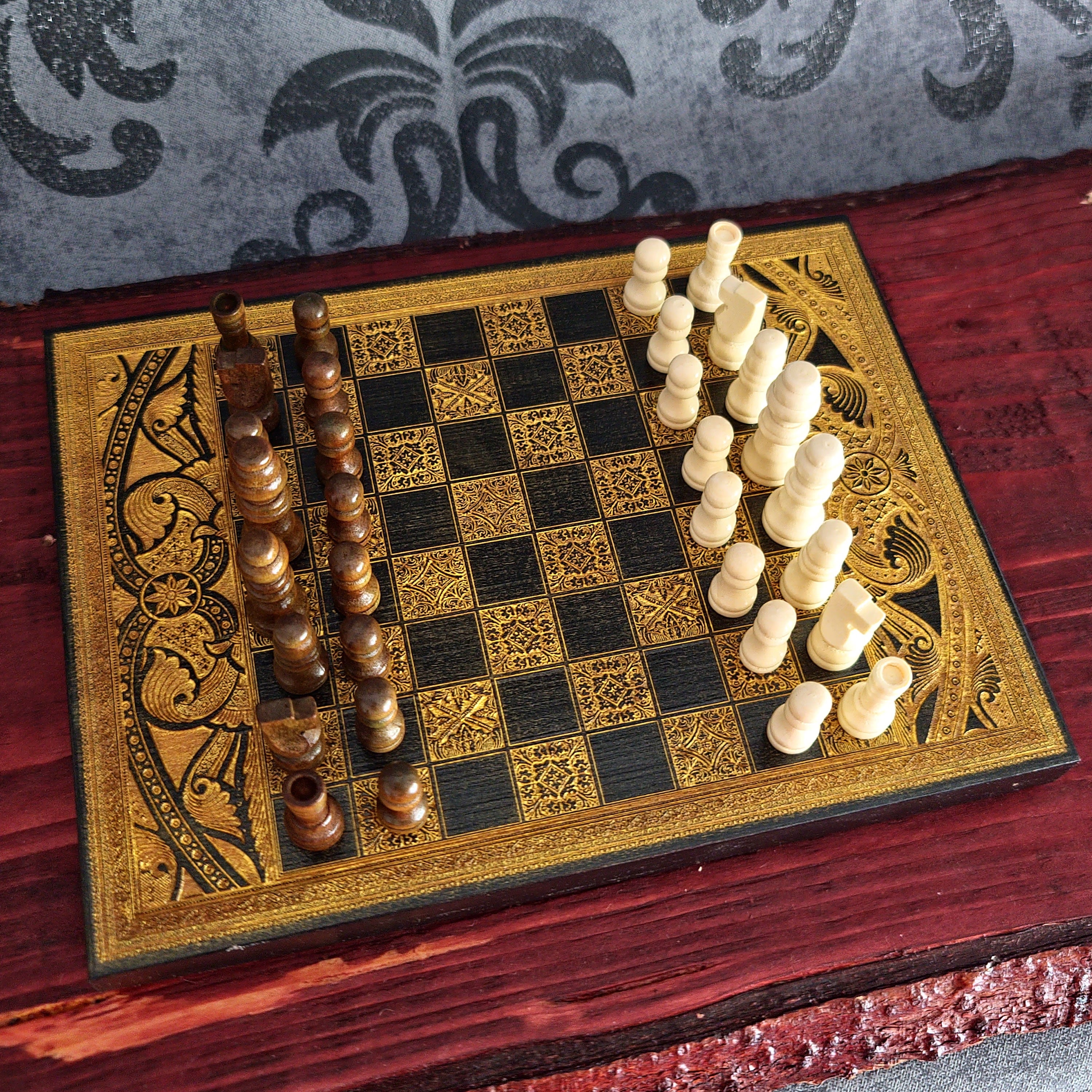 Black & Gold Mini Chess Board Wood - A5 Size