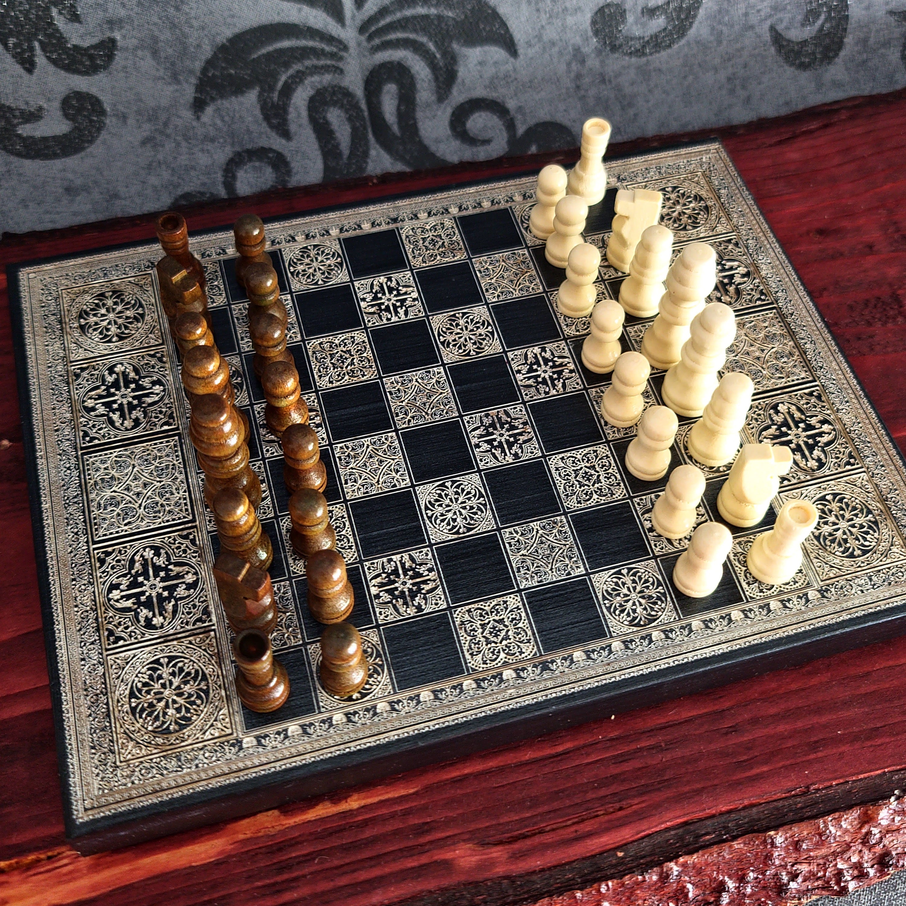 Black & Silver Mini Chess Board Wood - A5 Size