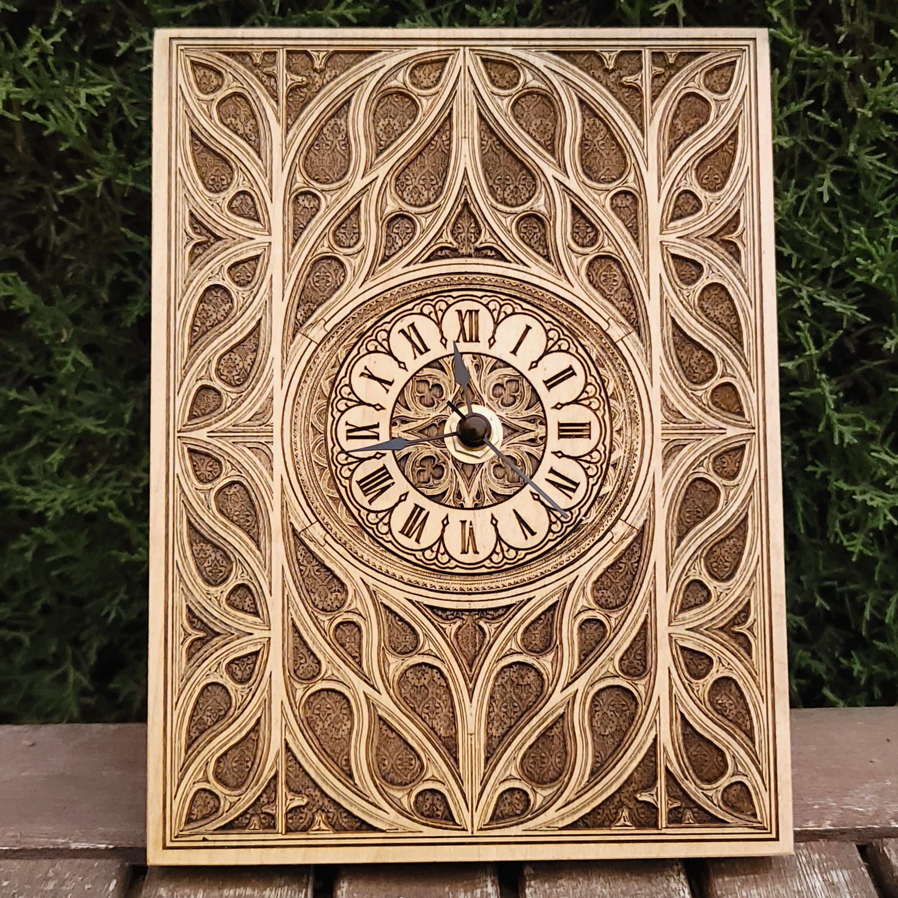 Gothic window-shaped cedar wood clock, handmade & laser-engraved. Unique wedding & anniversary gift for gothic art lovers.