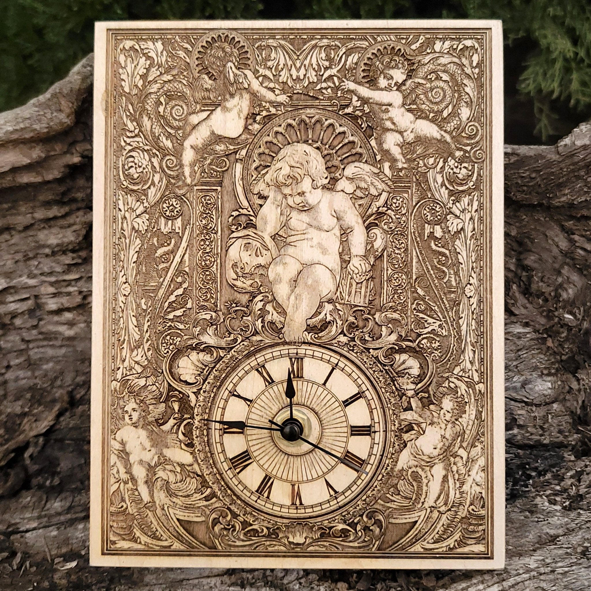 Handmade gothic mini cedar wood clock, laser-engraved & hand-painted. Unique anniversary & wedding gift for gothic décor lovers.