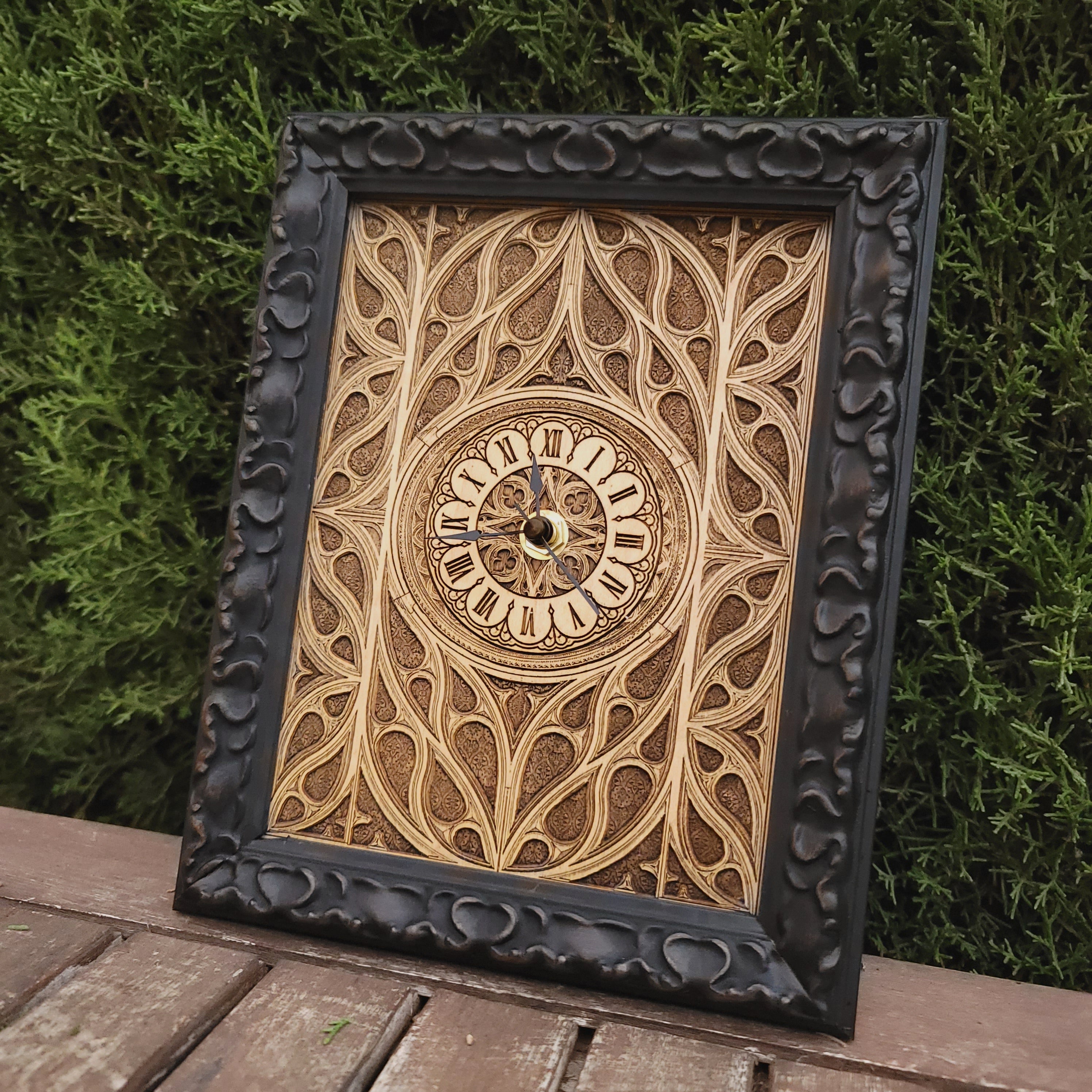 Gothic window-shaped cedar wood clock, handmade & laser-engraved. Unique wedding & anniversary gift for gothic art lovers.