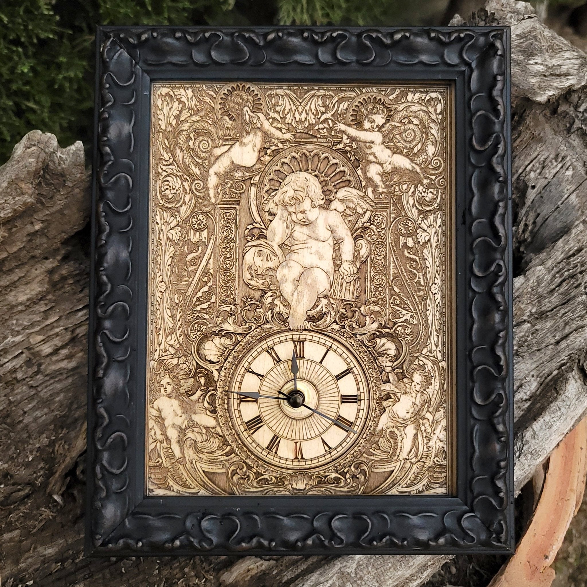 Handmade gothic mini cedar wood clock, laser-engraved & hand-painted. Unique anniversary & wedding gift for gothic décor lovers.