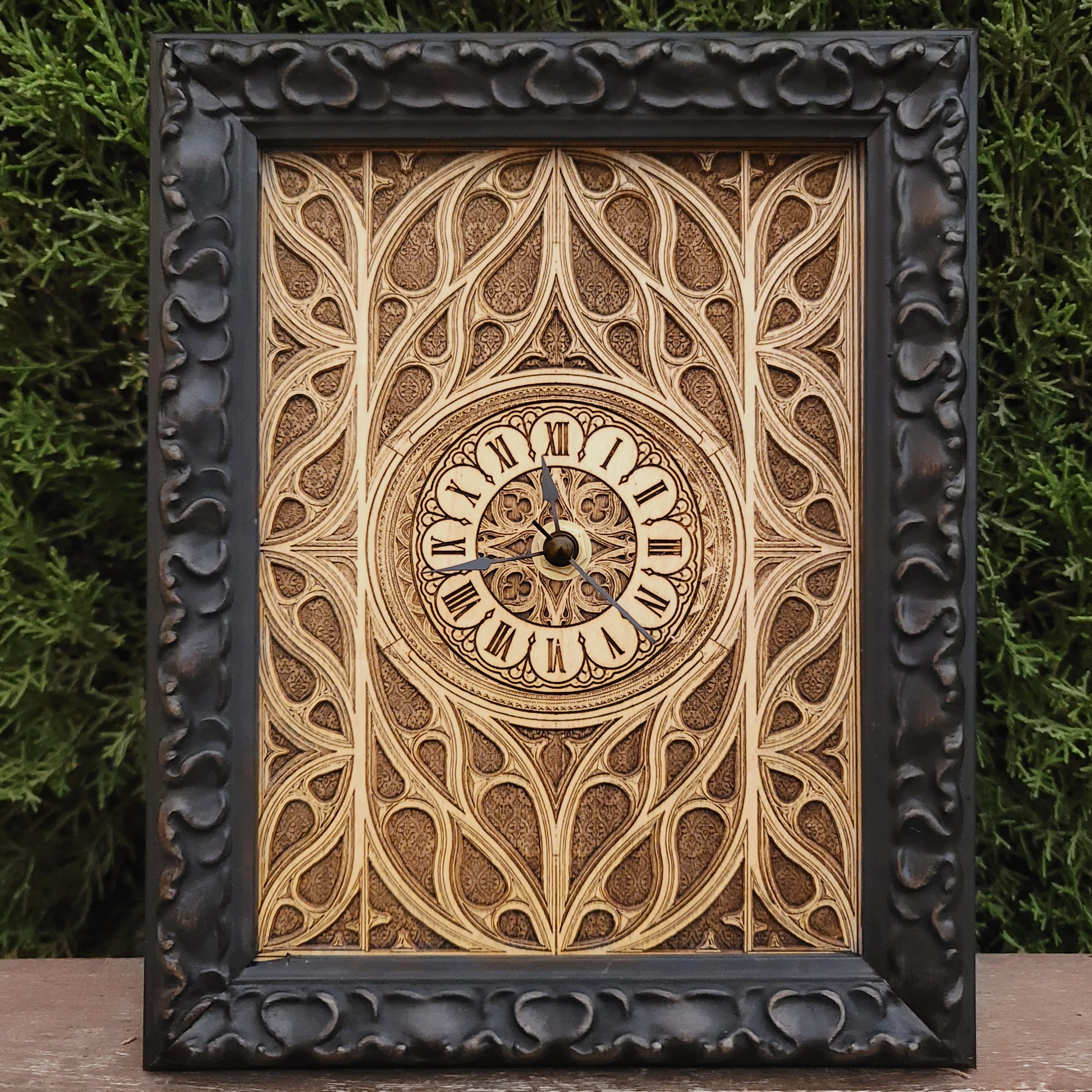 Gothic window-shaped cedar wood clock, handmade & laser-engraved. Unique wedding & anniversary gift for gothic art lovers.