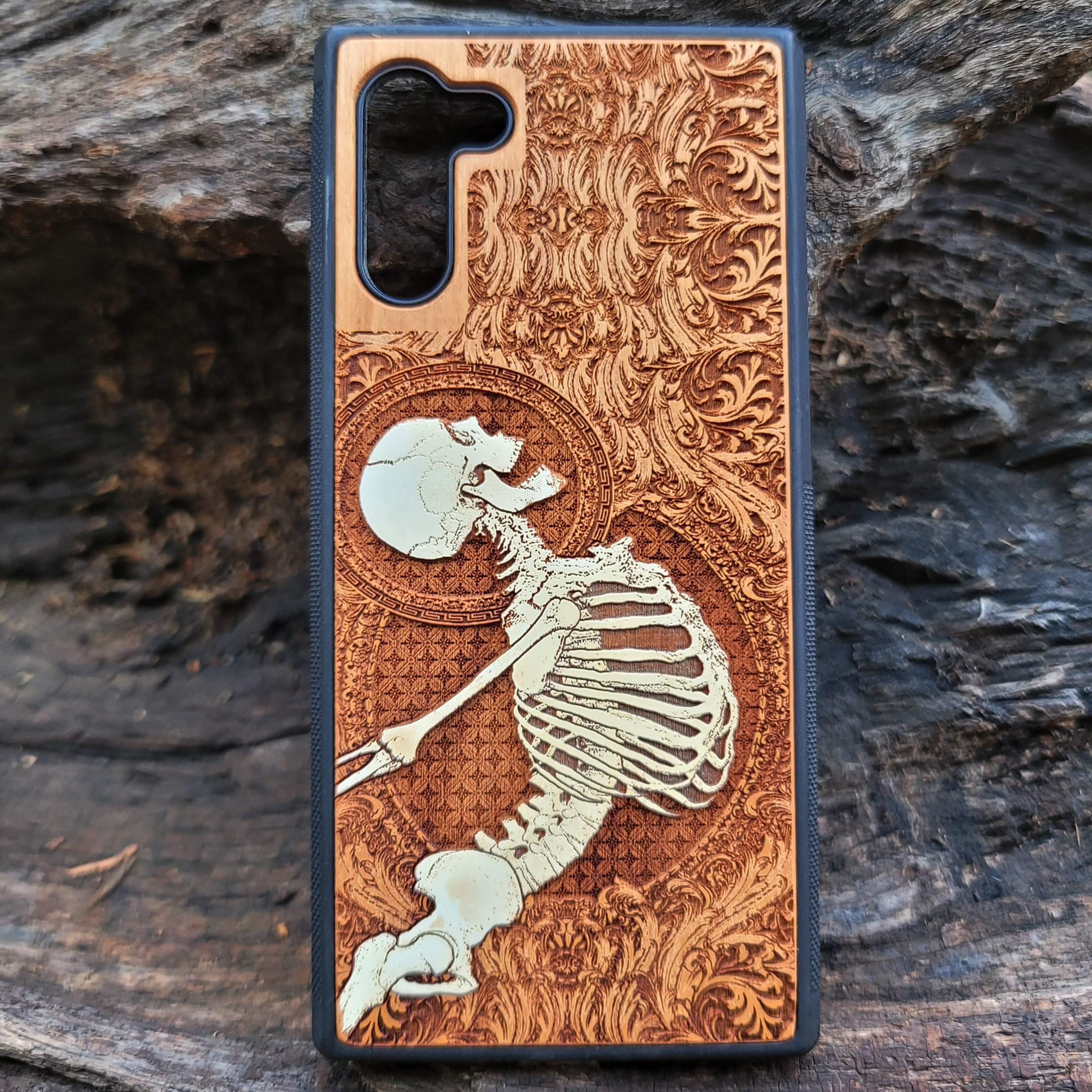 Gothic skeleton warrior artwork engraved on a wooden phone case, compatible with iPhone  and Samsung Galaxy S.