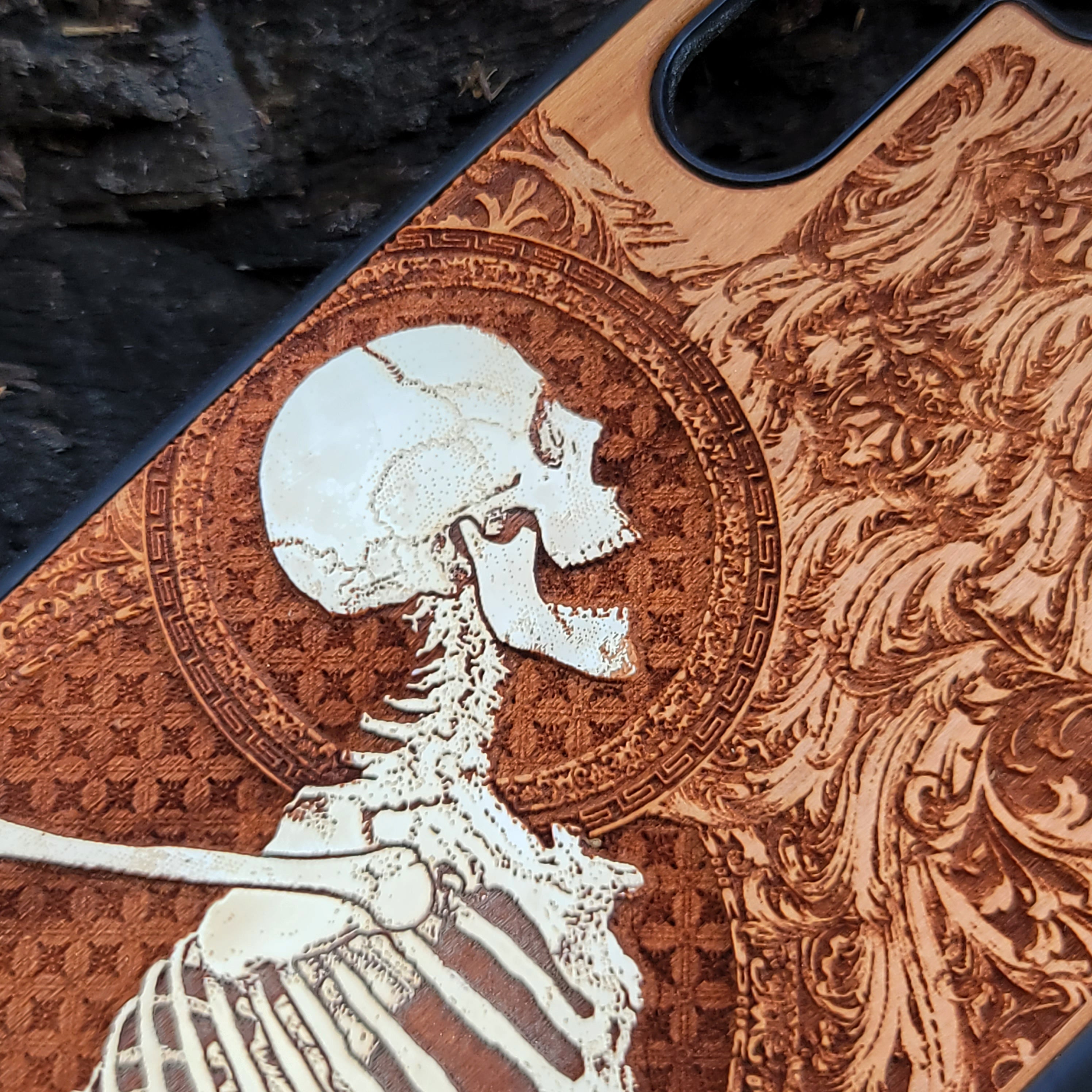 Gothic skeleton warrior artwork engraved on a wooden phone case, compatible with iPhone  and Samsung Galaxy S.
