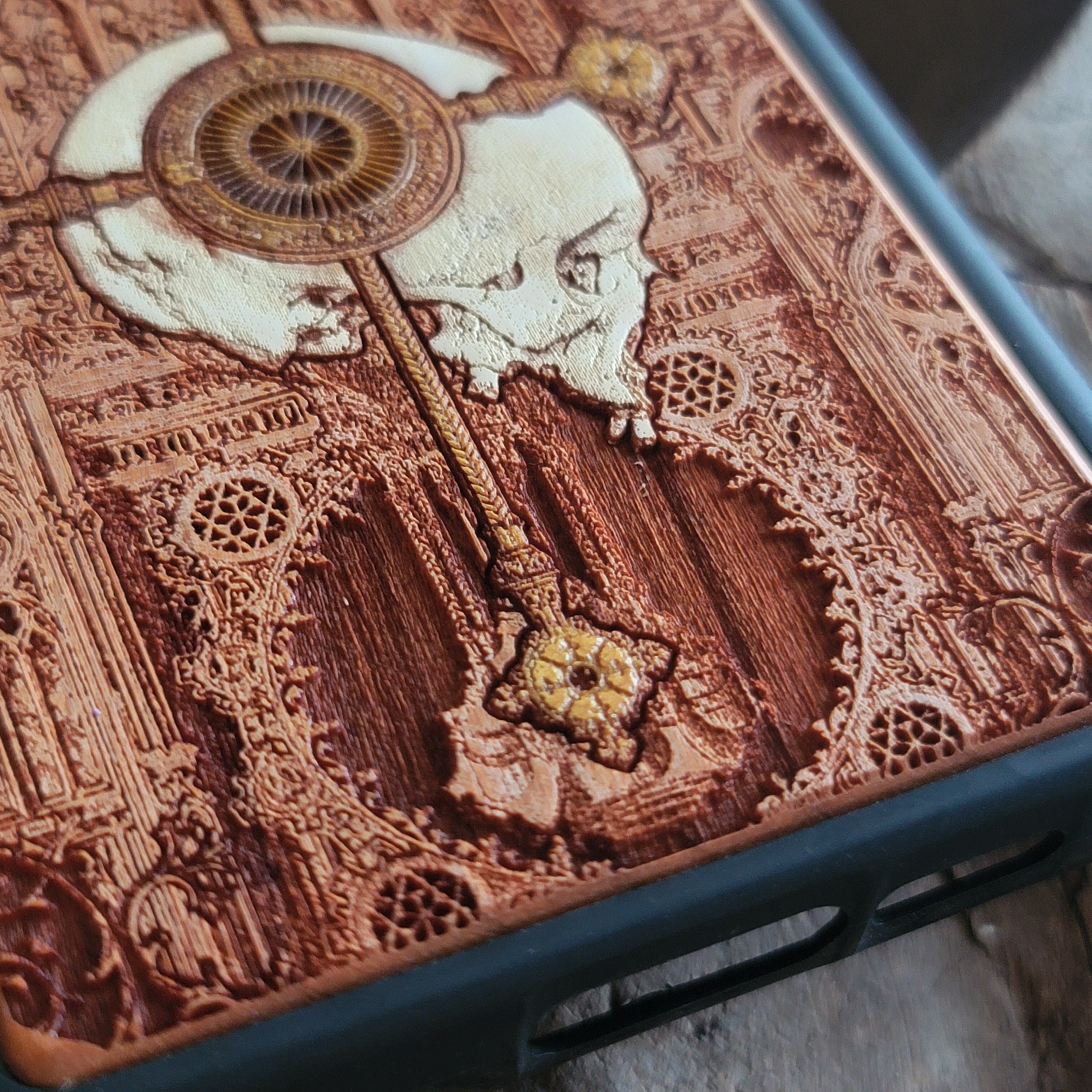 Gothic human skeleton warrior engraved on a wooden phone case, compatible with iPhone and Samsung Galaxy