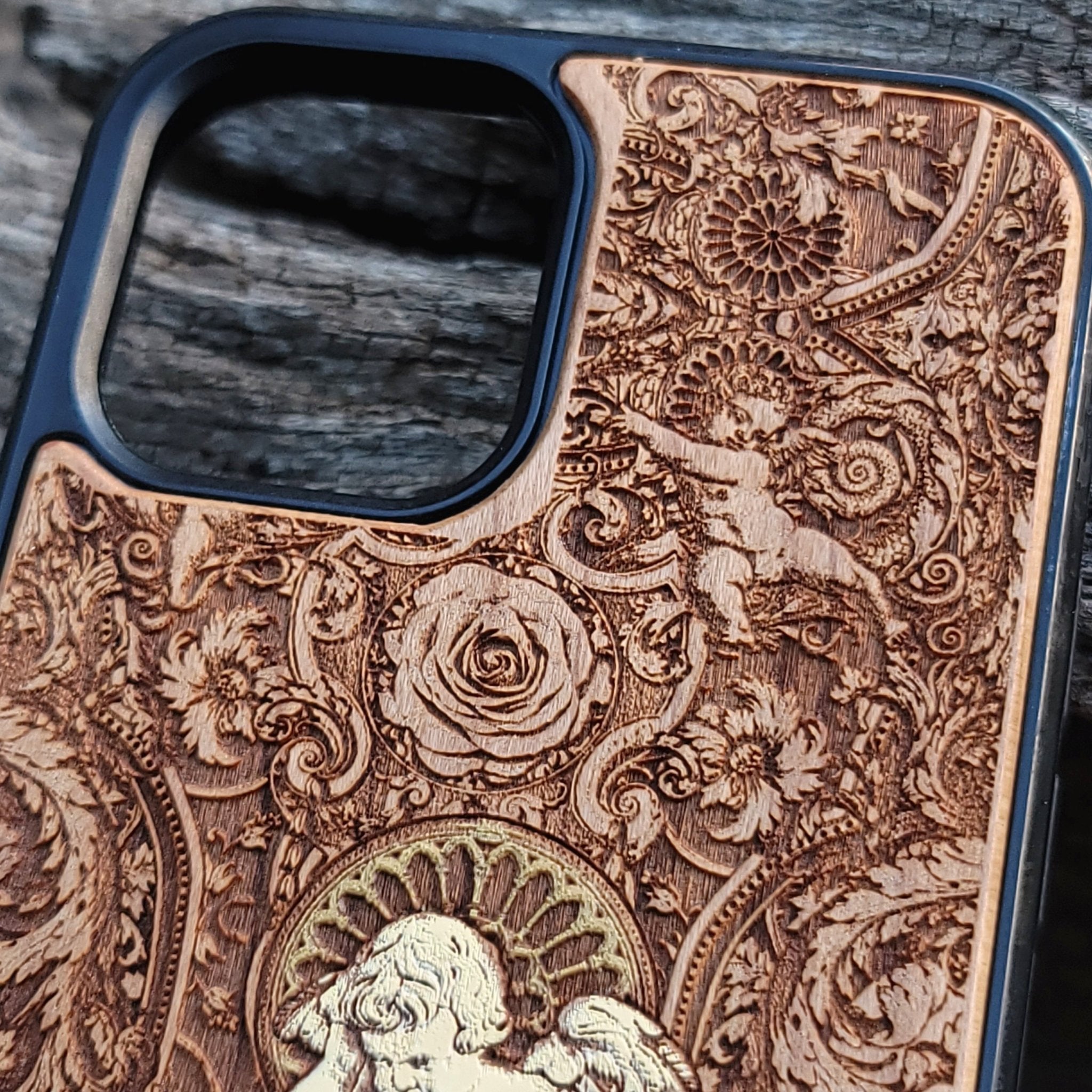Gothic human skeleton artwork engraved on a wooden phone case, compatible with iPhone  and Samsung Galaxy S.