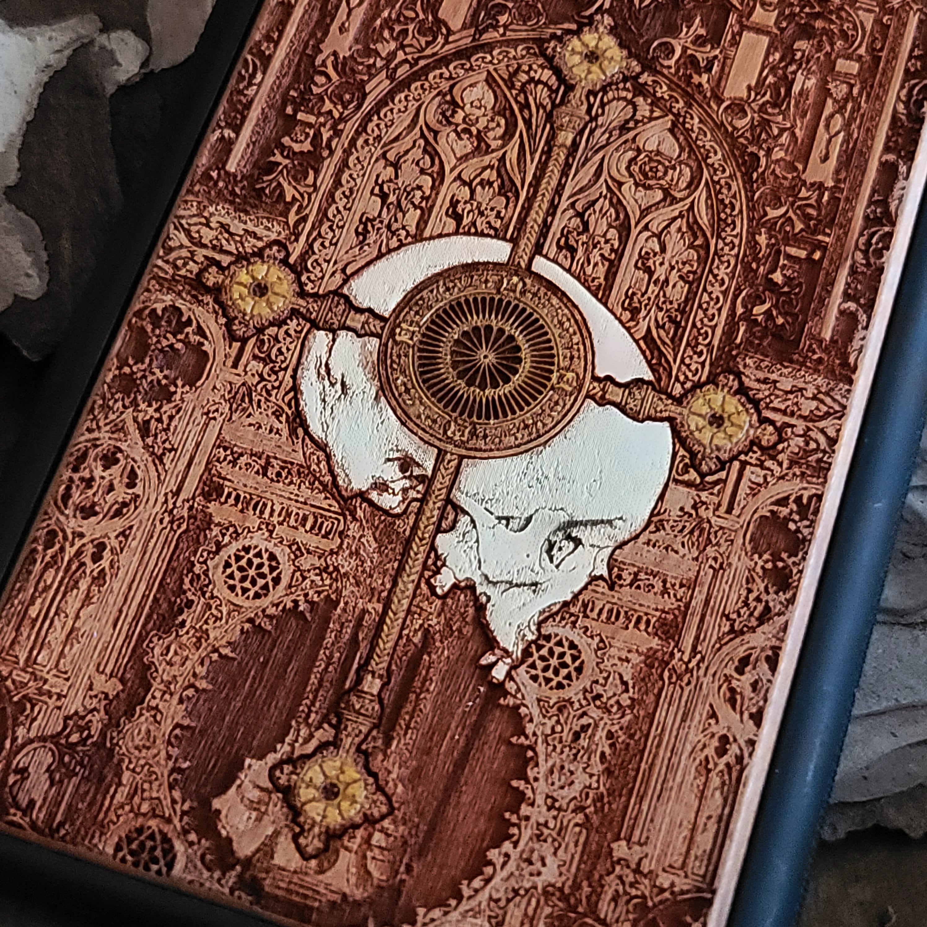 Gothic human skeleton warrior engraved on a wooden phone case, compatible with iPhone and Samsung Galaxy