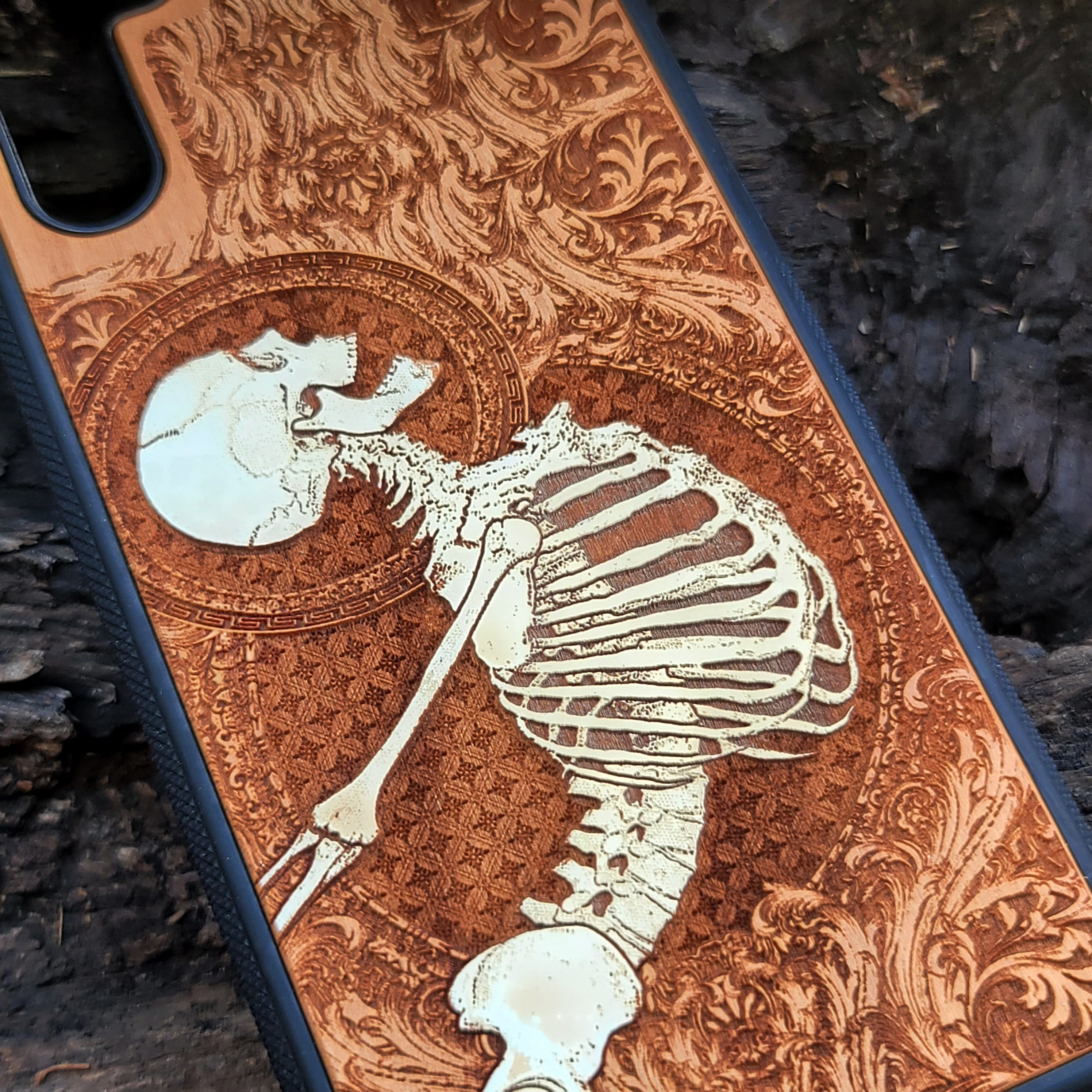 Gothic skeleton warrior artwork engraved on a wooden phone case, compatible with iPhone  and Samsung Galaxy S.